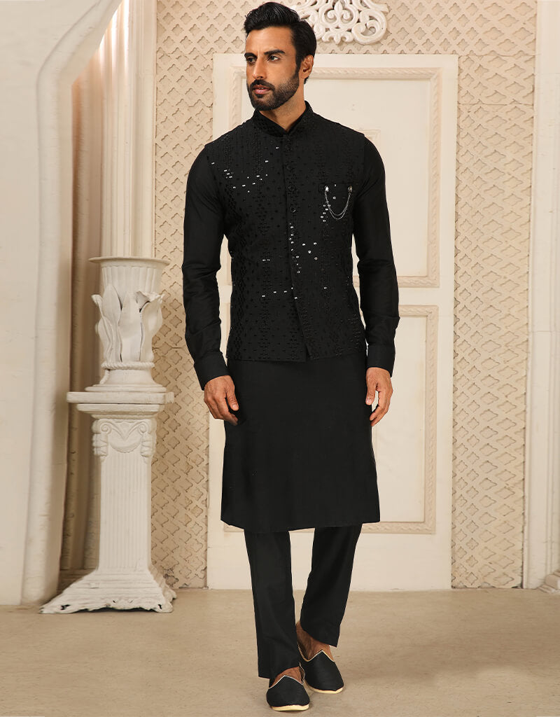 Black Kurta Art Silk with Mirror Work & Aligadhi Pant Set | Indian Ethnic Wear for Men | Perfect for Festivals, Weddings & Cultural Events