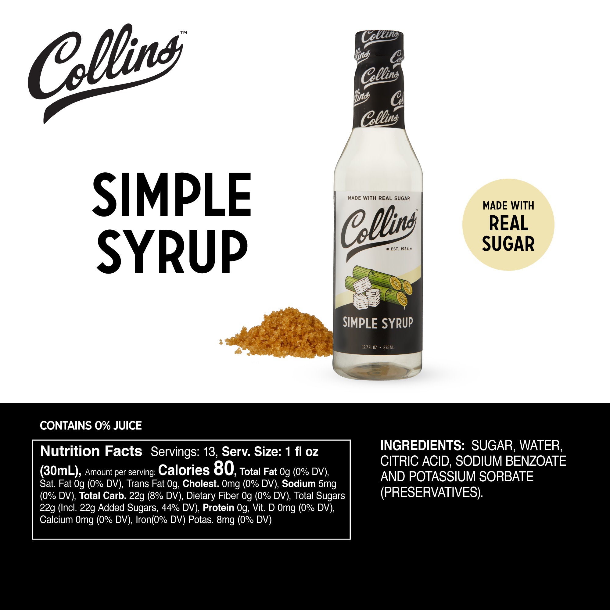 Premium Simple Syrup 12.7 oz (375ml) - Pure Cane Sugar Syrup for Cocktails, Coffee, Tea & Baking - Perfect for Bartenders, Baristas & Home Chefs