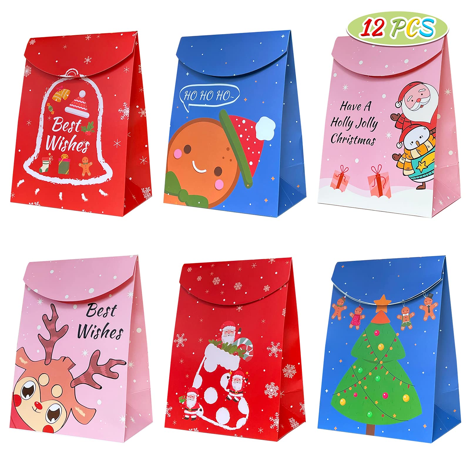 12-Piece Small Christmas Gift Bags with Magic Tape - Durable Xmas Treat Bags for Cookies, Candies & Gifts - Perfect for Holiday Parties, Stocking Stuffers & Festive Gift Giving