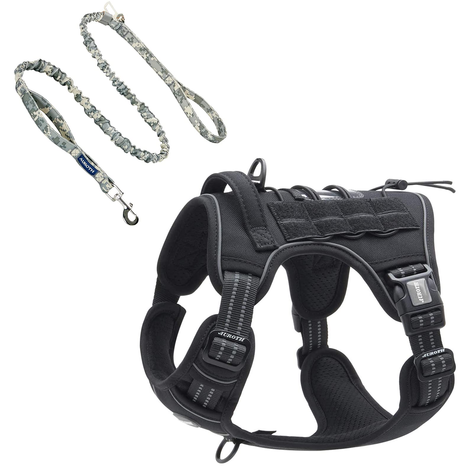 Auroth Tactical Dog Harness with 6FT Grey Camo Heavy Duty Leash - No Pull Reflective Vest for Large Breed Dogs | Outdoor Training, Hiking & Night Walks