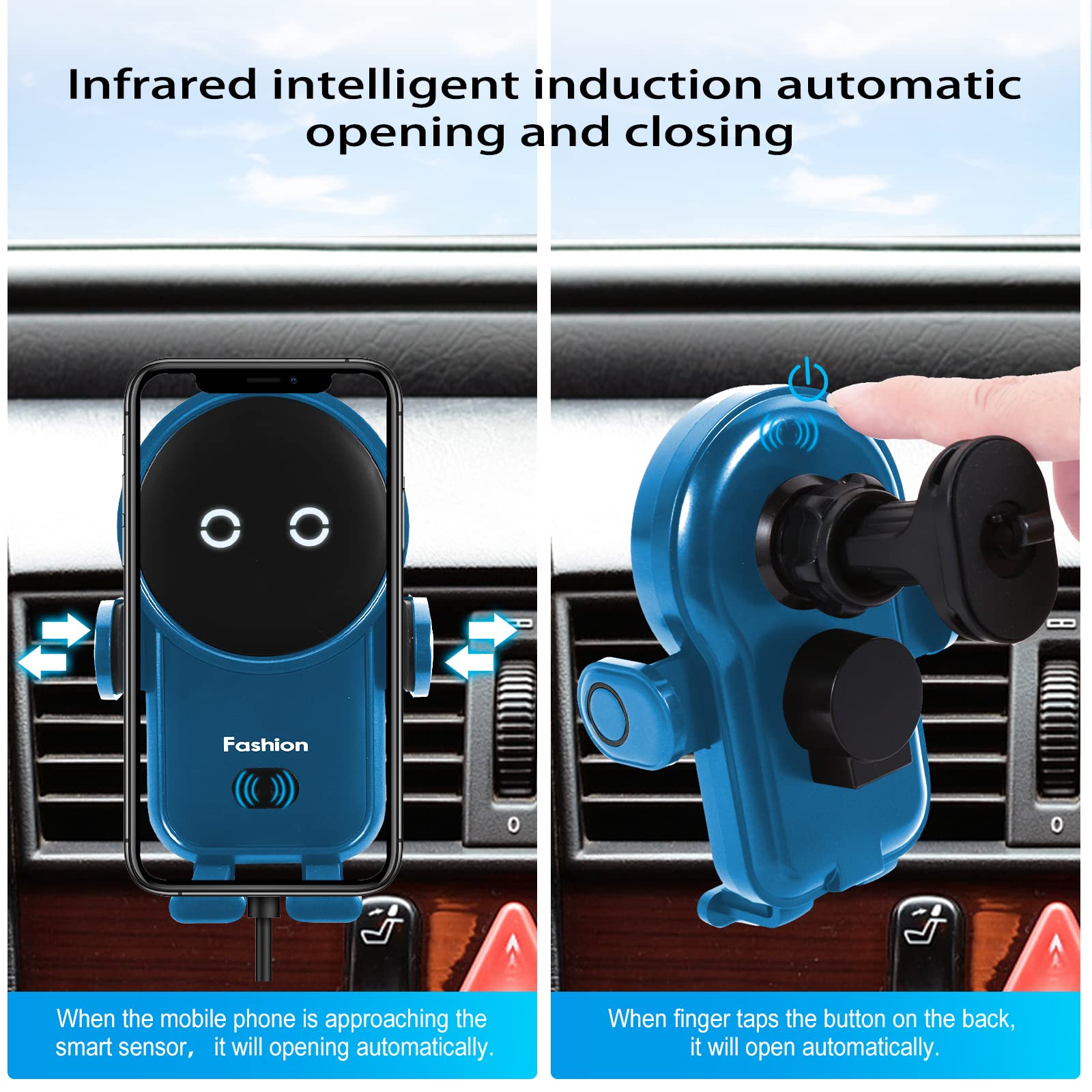 Upgraded 15W Qi Fast Wireless Car Charger Mount - Auto Clamping Phone Holder for iPhone 13/12/11/XS/XR/8, Samsung S22/S21/S20/Note 20 - Air Vent Phone Mount with Fast Charging (Blue) | Perfect for Commuting, Road Trips & Hands-Free Driving