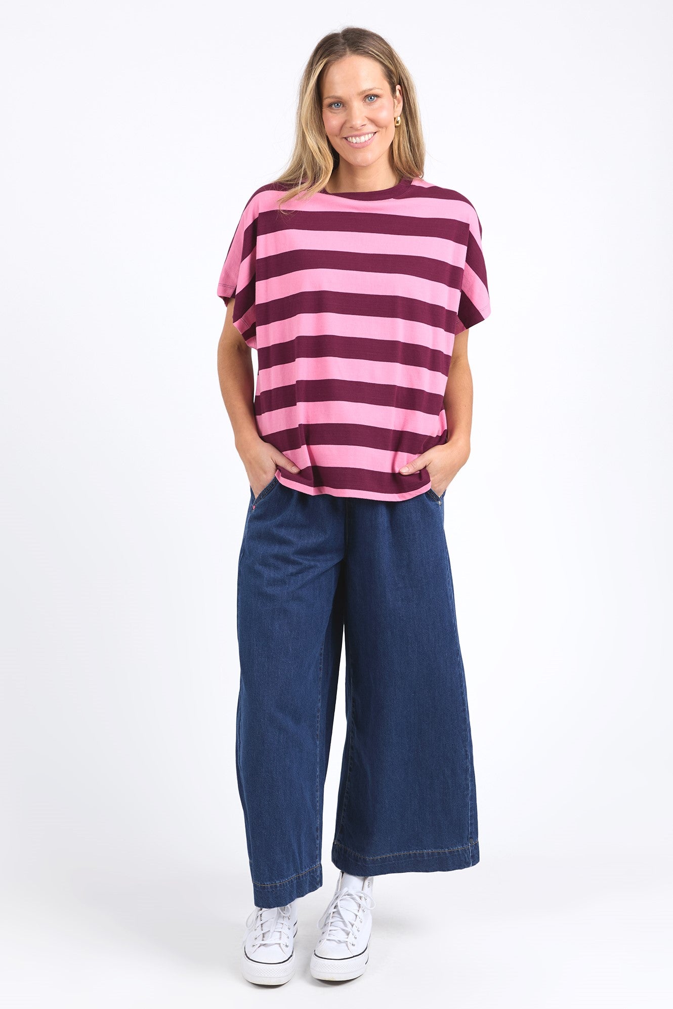 Elm Poet Tee - Pink Geranium & Merlot Striped Women's T-Shirt | Soft Cotton Casual Top for Everyday Wear | Perfect for Outings, Dates & Relaxing at Home