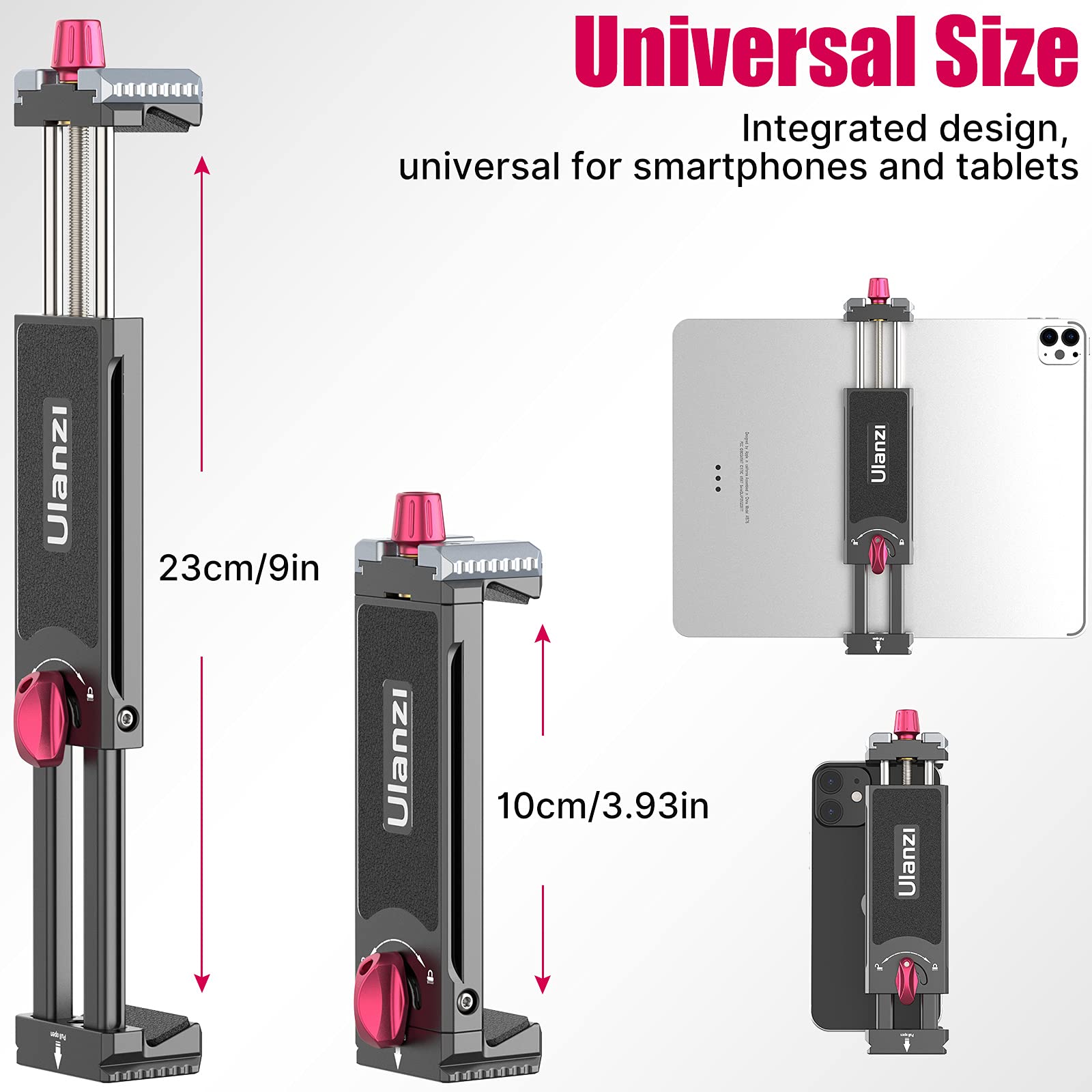 Universal Aluminum iPad Tripod Mount Holder - Adjustable U-pad III 7.9-12.9in Metal Tablet Clamp with Cold Shoe & 2 Arca Swiss QR Mounts for iPhone iPad Air Mini - Perfect for Video Recording, Live Streaming & Photography