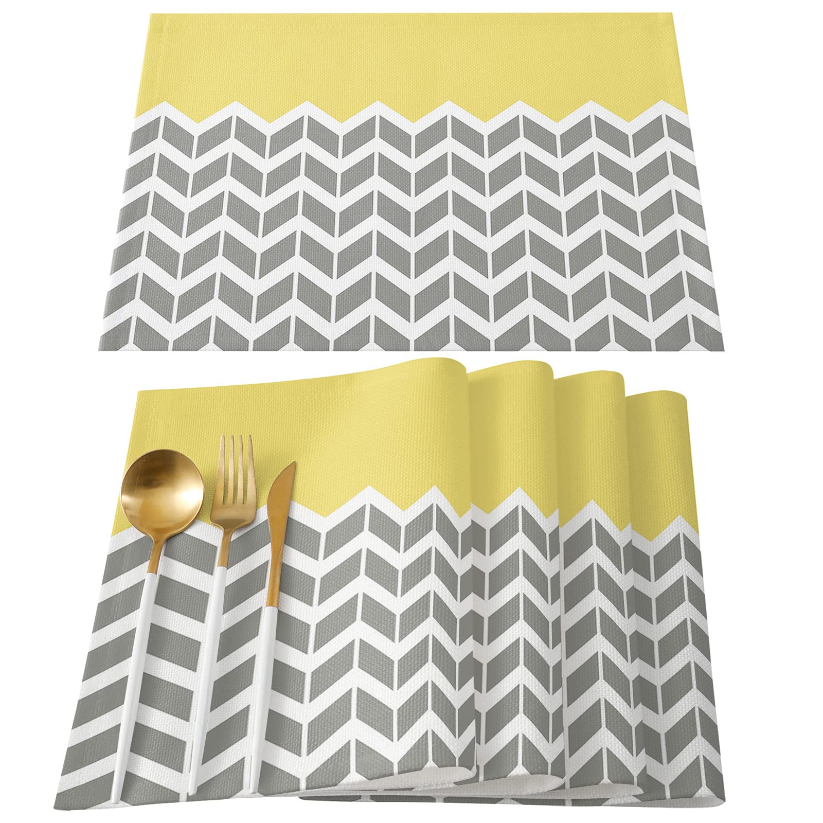 OUR WINGS Linen Burlap Placemats Set of 4 - Geometric Yellow Abstract Herringbone Pattern, Non-Slip & Heat-Proof Table Mats for Dining, Kitchen, Party Decor - Perfect for Everyday Use, Dinner Parties, and Holiday Gatherings