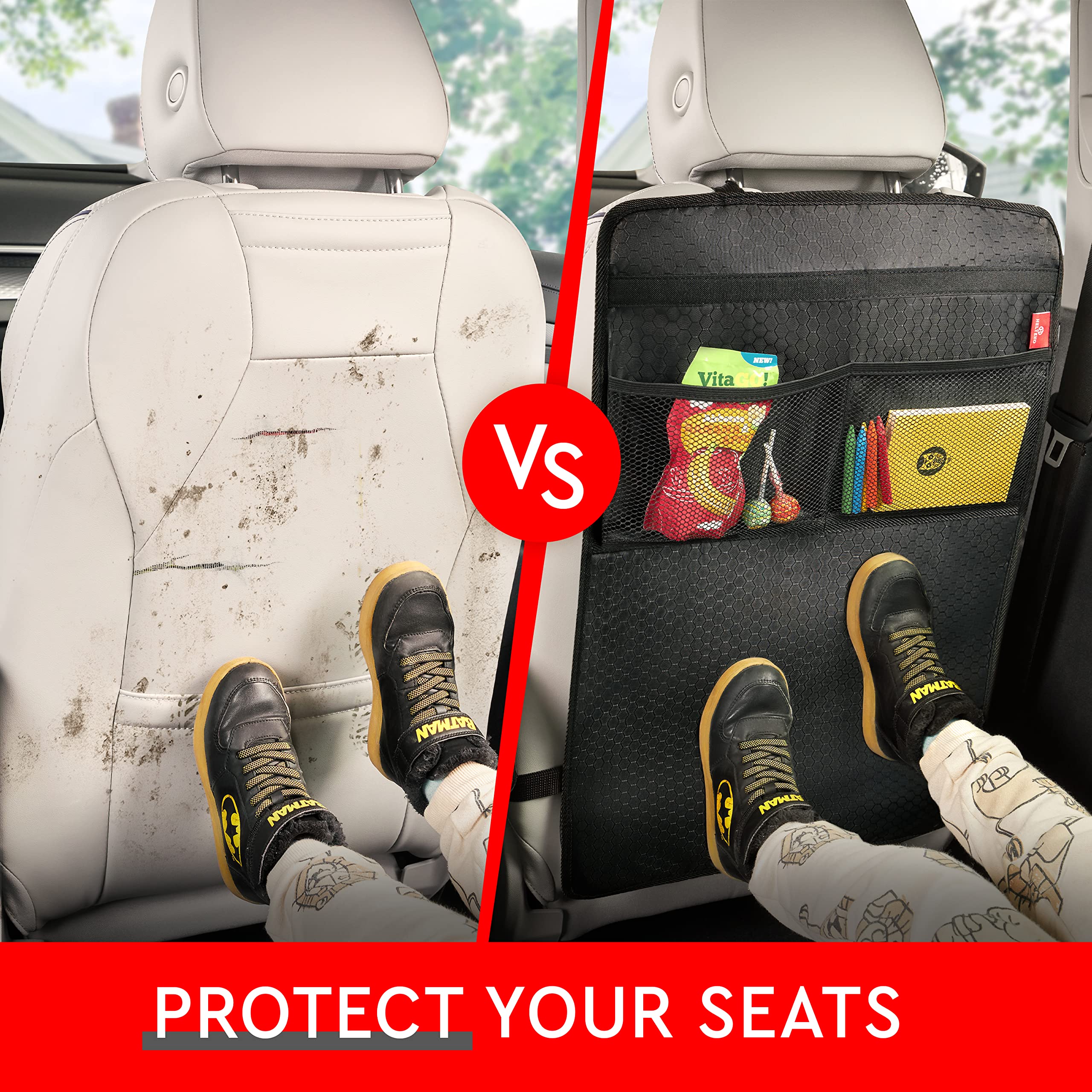 Helteko 2 Pack Premium Car Back Seat Protector - Extra Large Waterproof Kick Mats for Kids, Dirt & Mud Protection with Mesh Pockets - Ideal for Family Travel, Road Trips & Daily Commute
