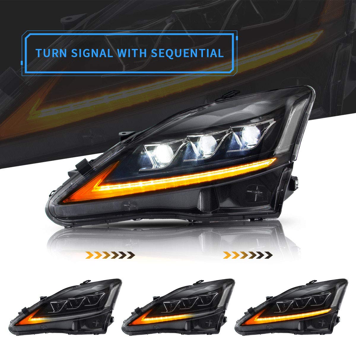 VLAND LED Headlights & Tail Lights for Lexus IS250 IS350 2006-2012 - Clear Headlamps + Smoke Rear Lights for Night Driving