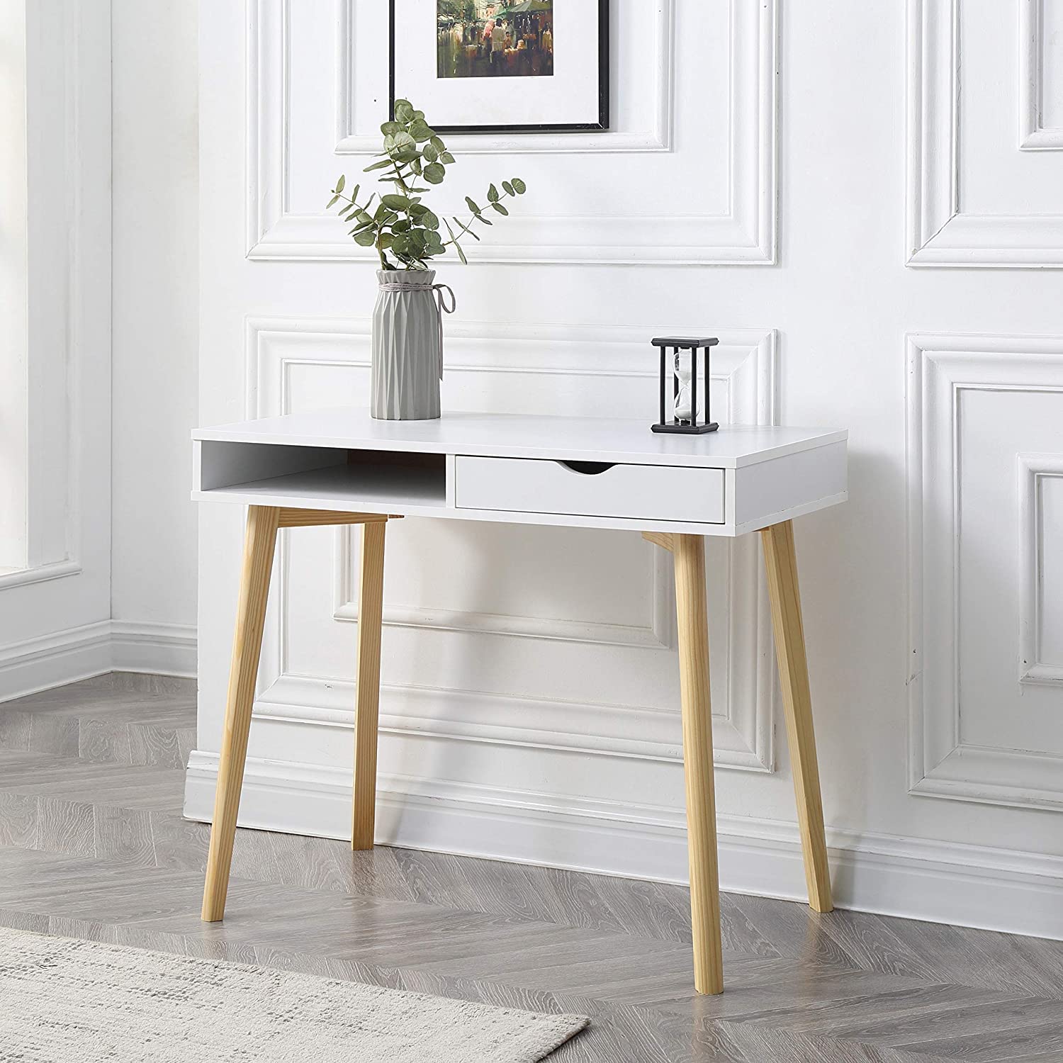 AC Pacific Austin Desk - Medium Size White & Brown Wooden Writing Desk for Home Office, Study Room, or Dormitory | Modern Workstation with Storage Shelf
