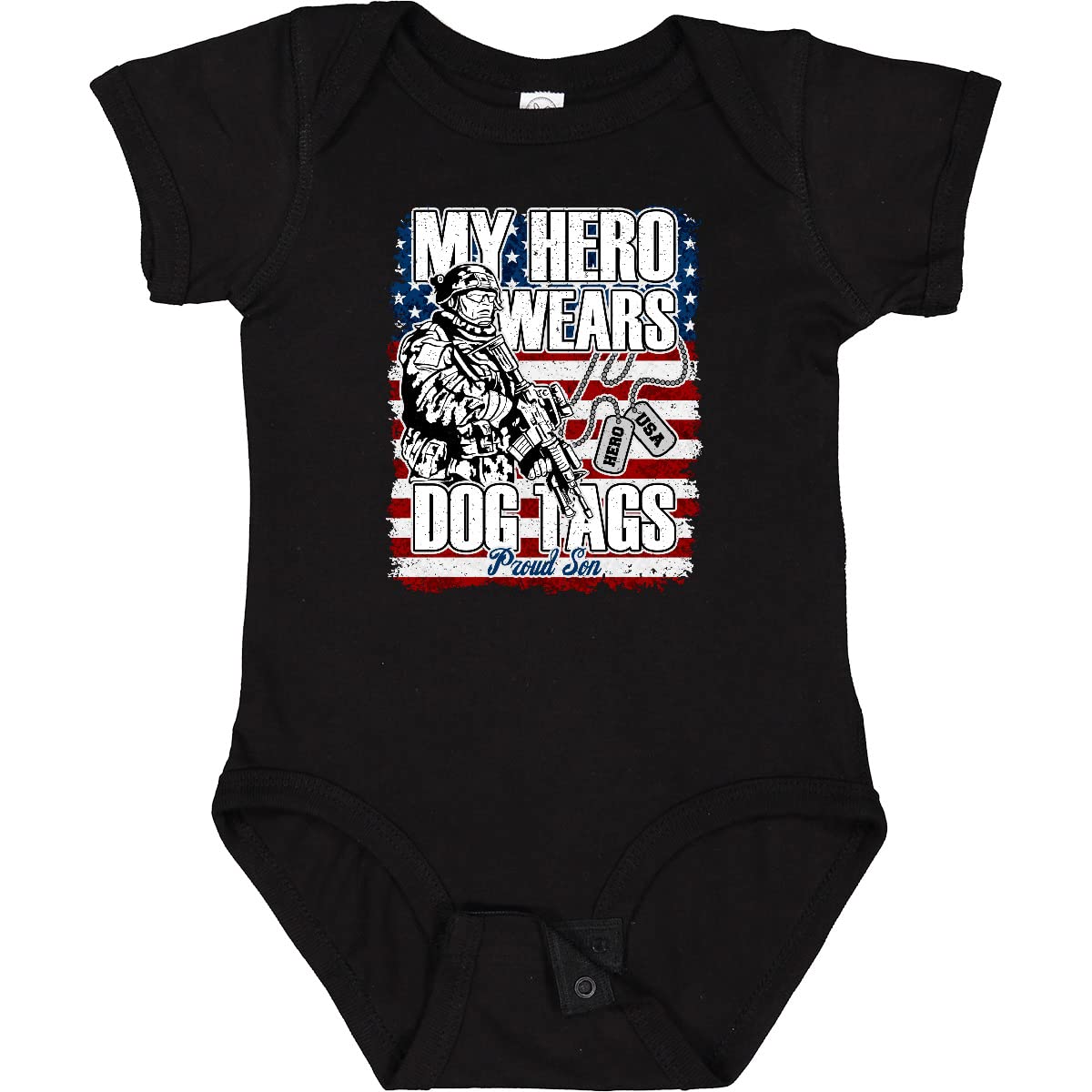 Inktastic Proud Son Hero Wears Dog Tags Military Dad Baby Bodysuit - Cute Army-Themed Onesie for Newborns & Infants - Perfect for Military Family Gifts & Patriotic Events