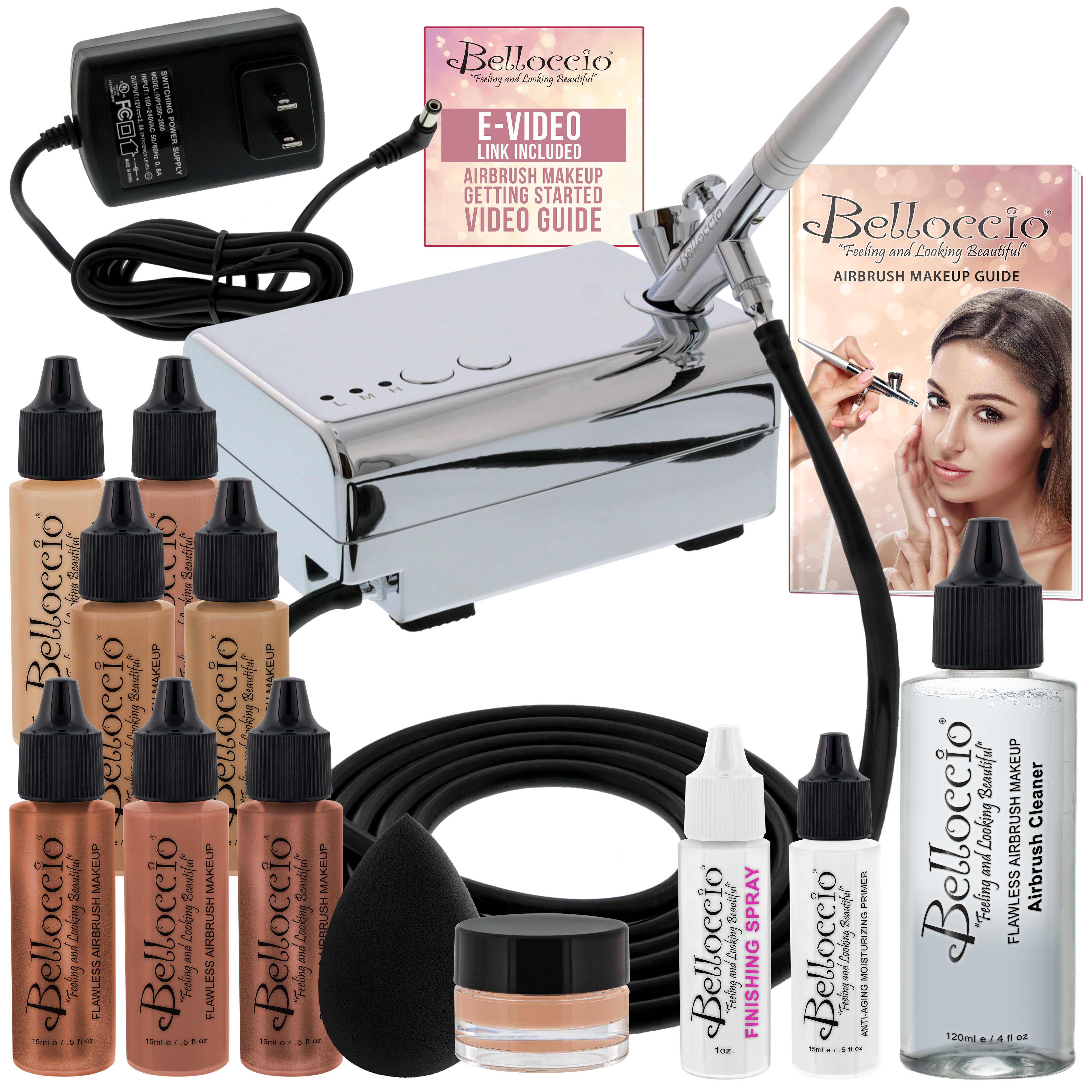 Belloccio Professional Airbrush Makeup Kit - 4 Medium Shade Foundations (1/2 oz Bottles) for Flawless Face Makeup | Perfect for Bridal, Photography & Special Occasion Makeup