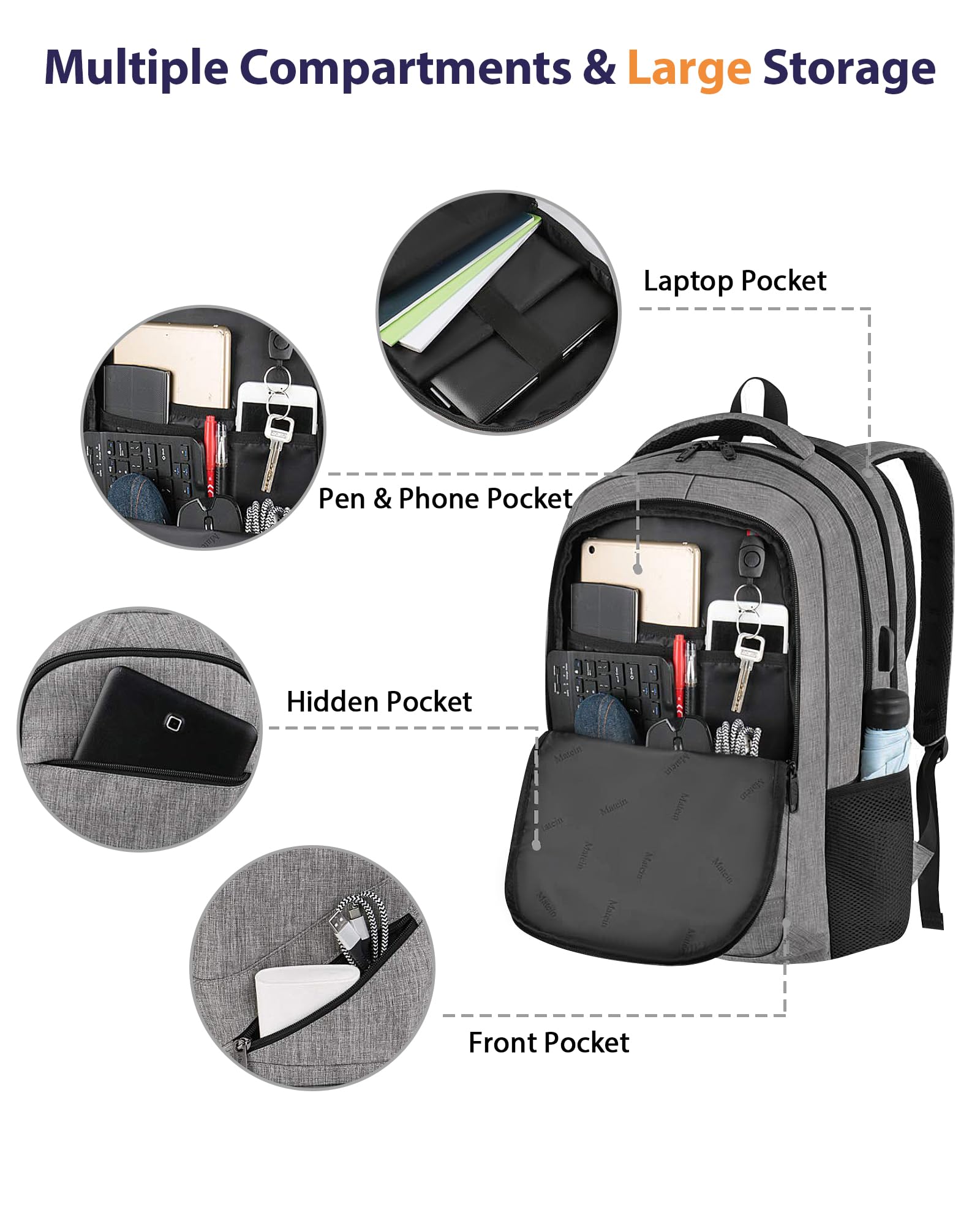 Matein 17 Inch Travel Laptop Backpack - TSA Approved Business Carry On Backpack with USB Charging Port & Trolley Sleeve, Durable College School Book Bag for Men & Women (Grey) - Perfect for Air Travel, Commuting & Campus Life