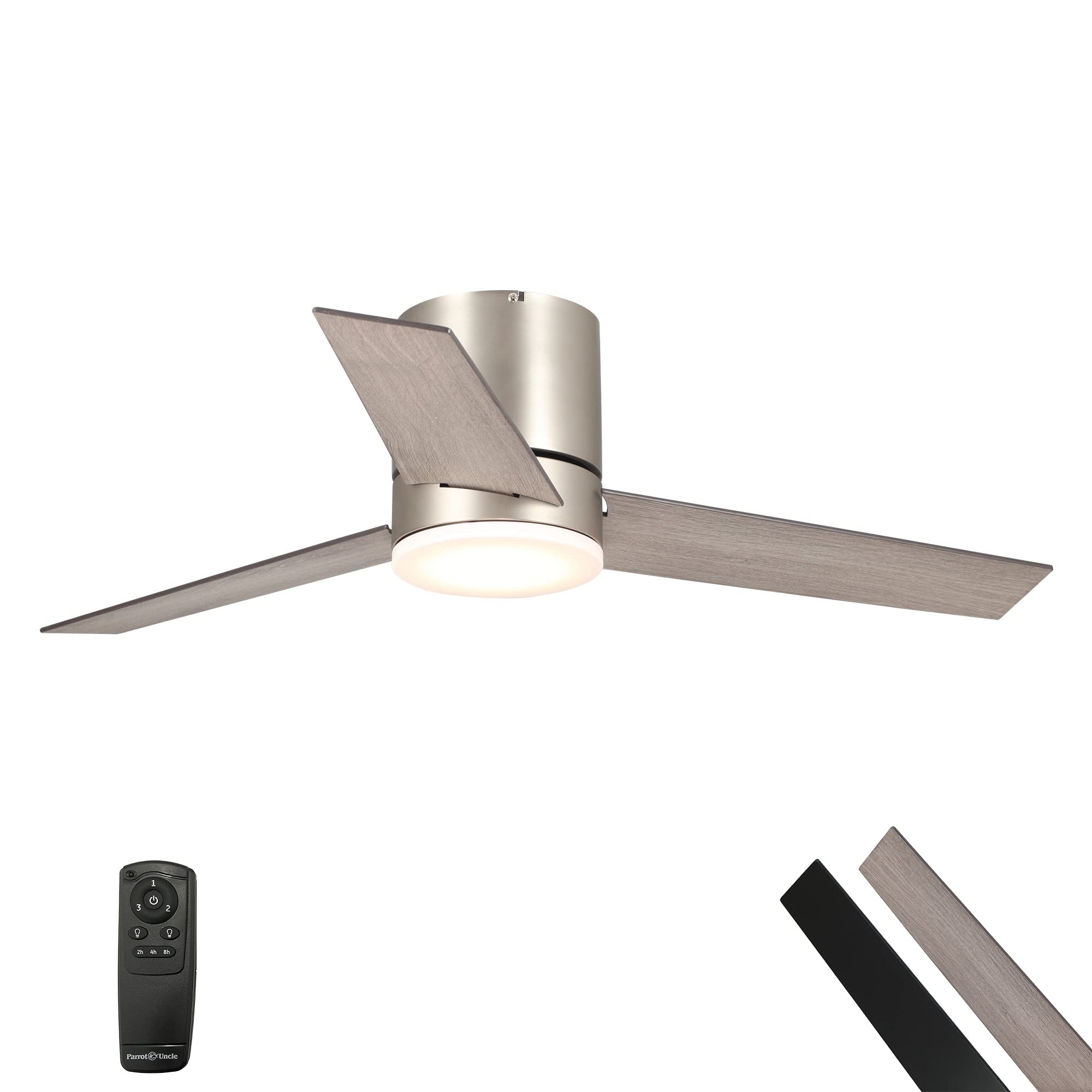 Parrot Uncle 48 Inch Flush Mount Ceiling Fan with LED Light and Remote Control - Brushed Nickel Finish - Perfect for Bedrooms, Living Rooms, and Covered Patios