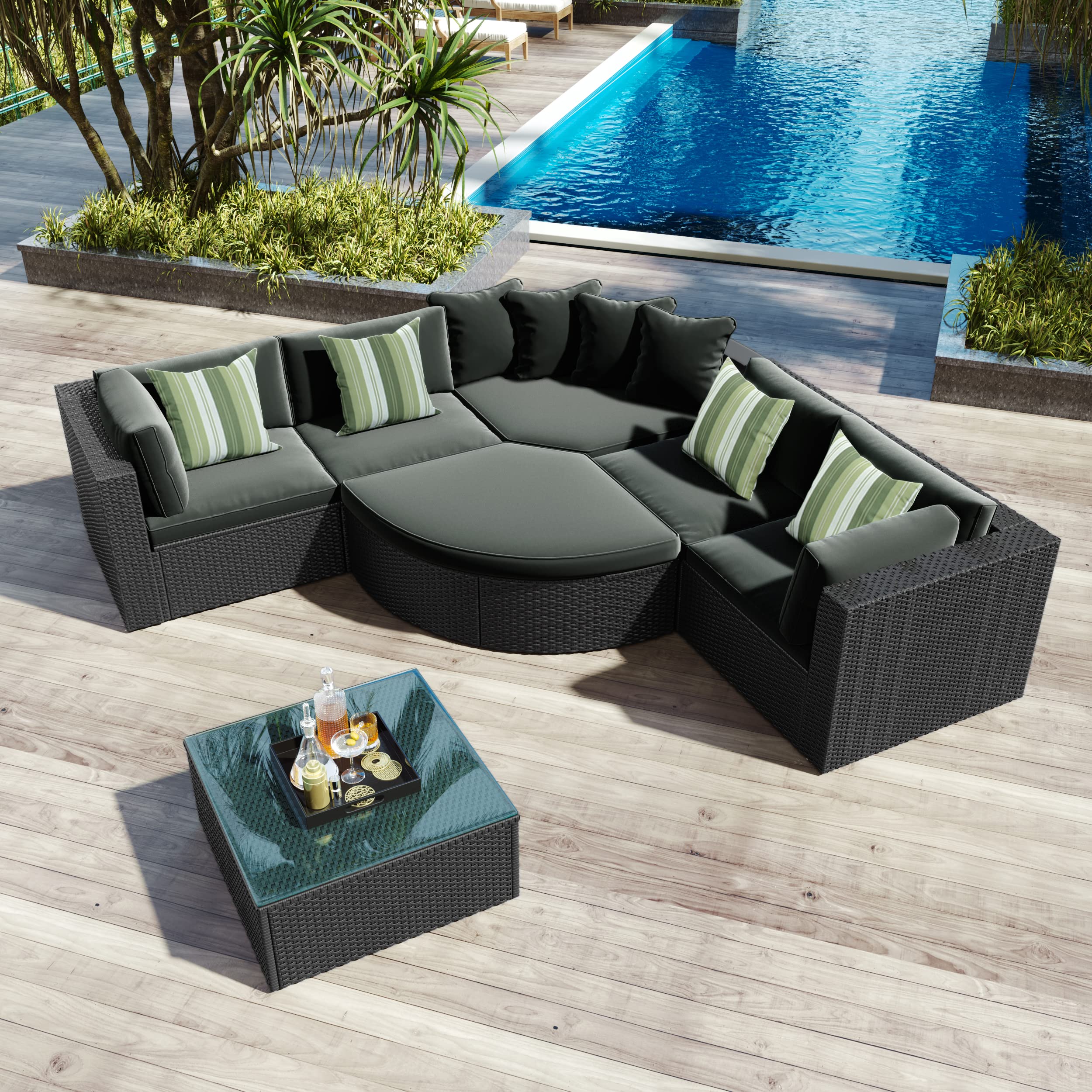 7-Piece Patio Furniture Set Outdoor Wicker Sofa with Coffee Table & Striped Green Pillows - Grey Rattan Conversation Set for Garden, Poolside, and Backyard Relaxation
