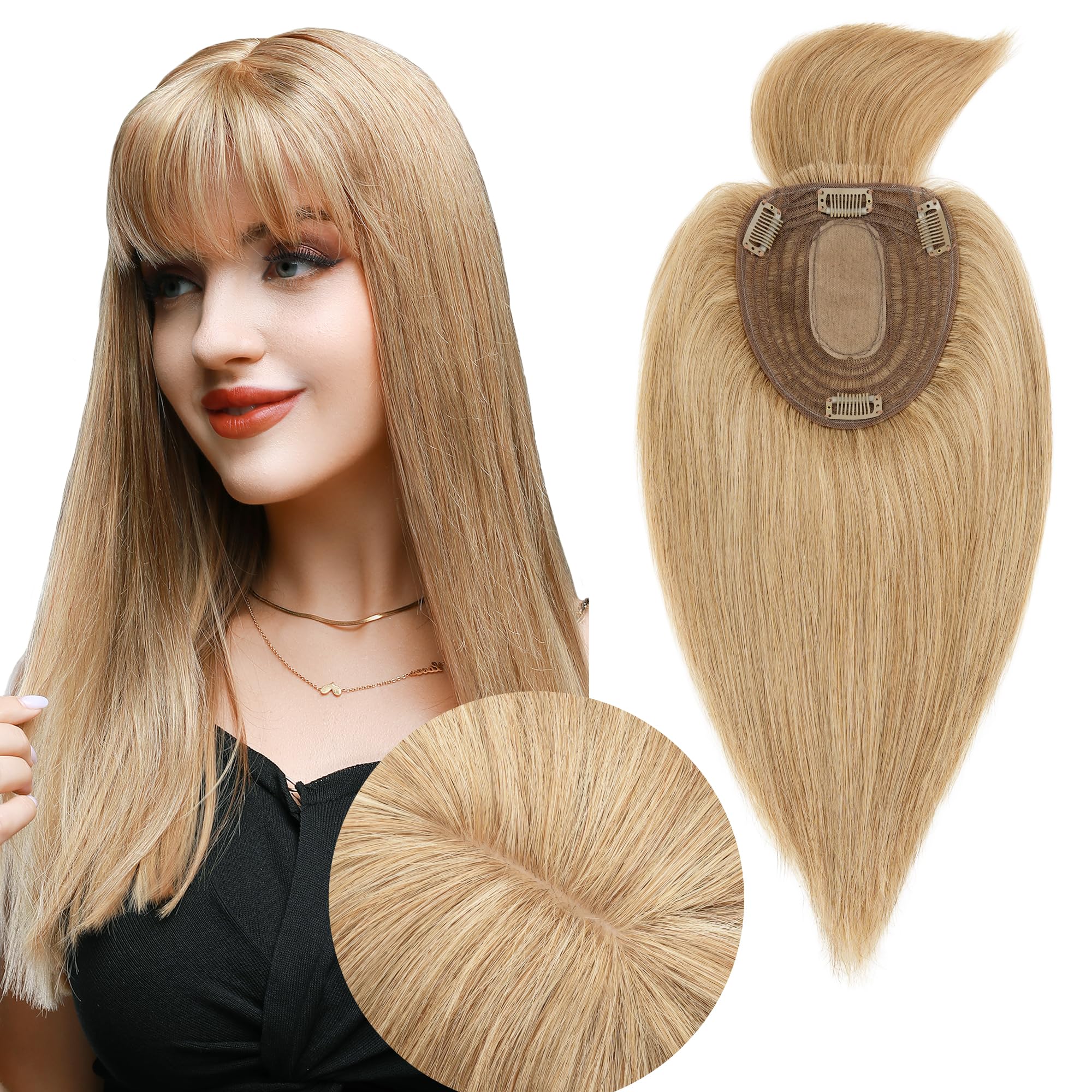Premium Human Hair Toppers for Women with Bangs – 13x15cm Silk Base, 150% Density Clip-In Hairpiece for Thinning Hair – 14