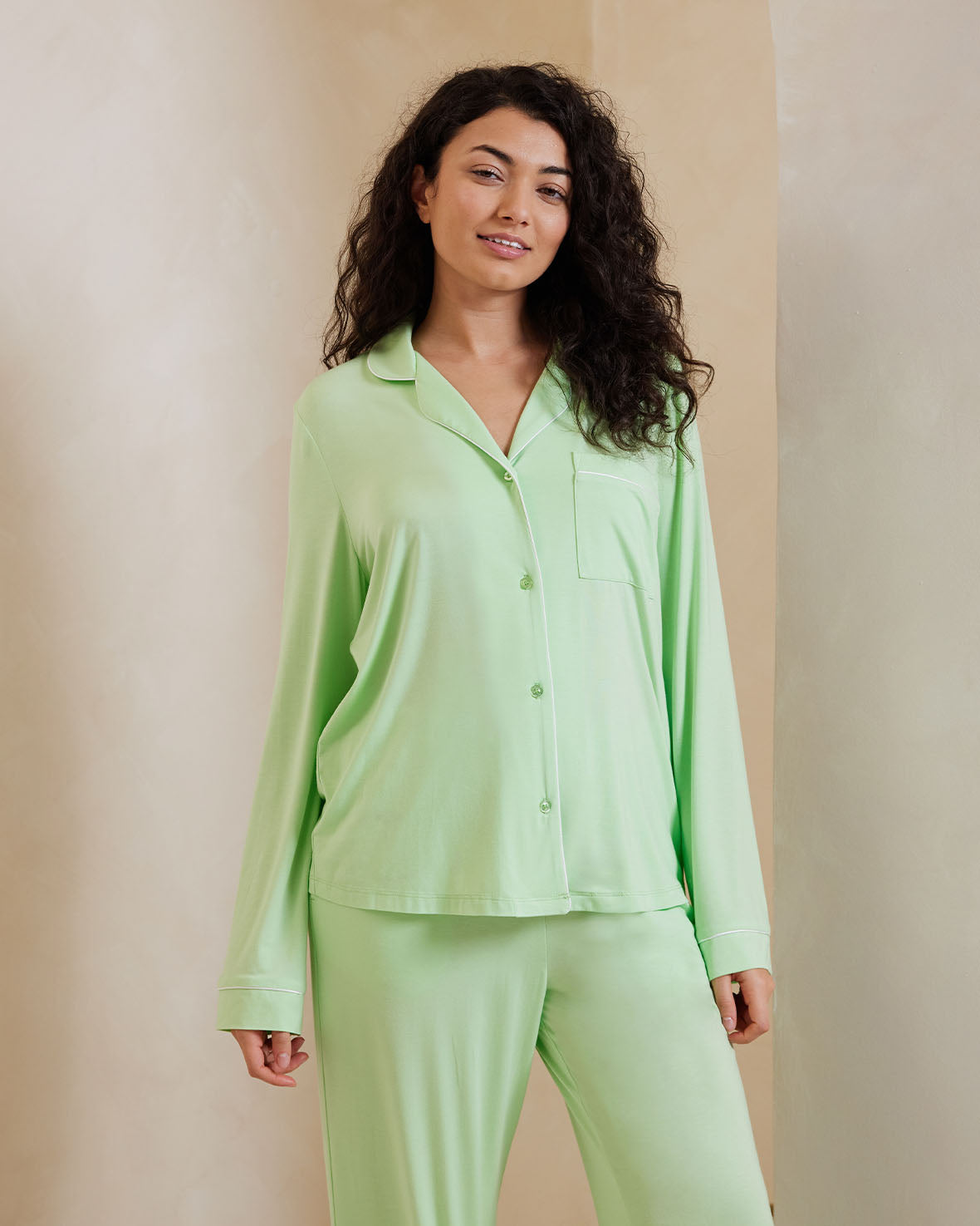 Soft & Breathable TENCEL™ Modal Long Sleeve Button Up Pajama Set for Women - Spring Green Color - Perfect for Sleepwear, Lounge Wear & Cozy Nights at Home