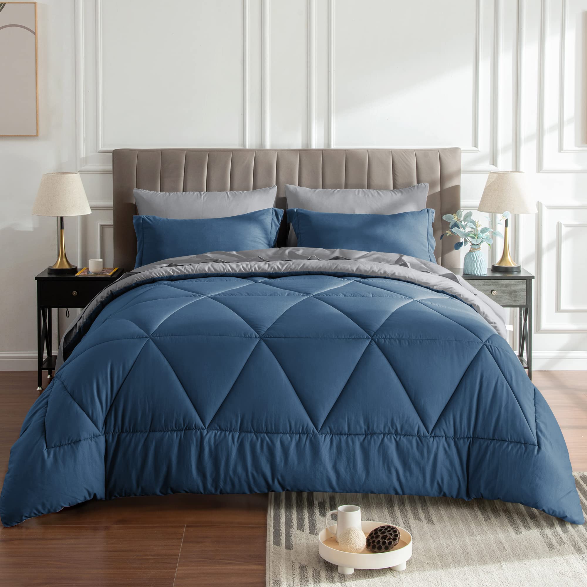 BEDELITE Twin Comforter Set 5-Piece Bed in a Bag - Lightweight Soft Microfiber Reversible Navy Blue Bedding Set with Comforter, Sheets, Pillowcases & Shams | All-Season Hotel Collection for Bedroom, Dorm, Guest Room & Airbnb