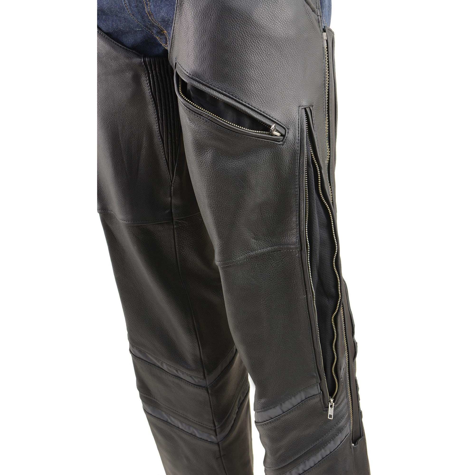 Milwaukee ML1144 Men's Naked Cowhide Vented Leather Chaps with Reflective Piping - Durable Motorcycle Riding Gear for Harley Davidson & Cruiser Bikes