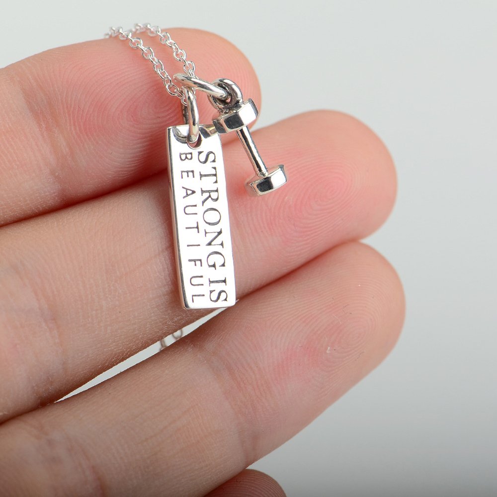 Strong is Beautiful 925 Sterling Silver Pendant Necklace - Fitness Tag & Dumbbell Charm Gym Jewelry - 18 Inch Adjustable Chain - Perfect for Workouts, Gym Motivation & Athletic Gifts