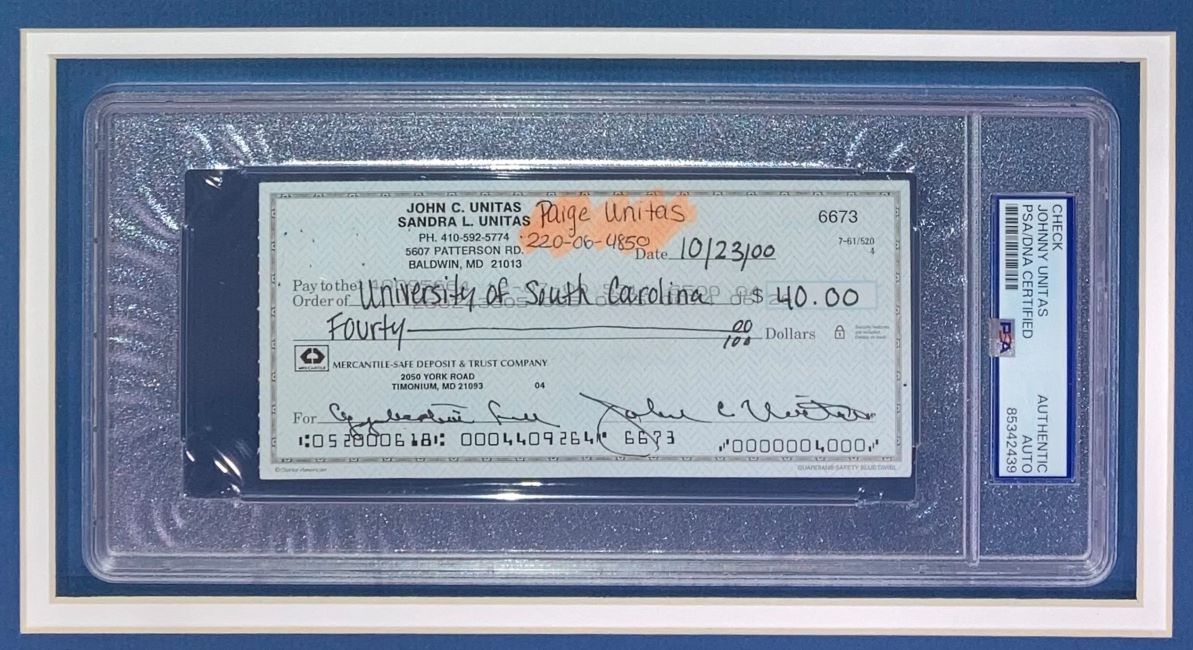 Johnny Unitas Baltimore Colts Autographed Framed Bank Check #6673 PSA Certified - Perfect for Sports Memorabilia Collectors & Football Fans Display