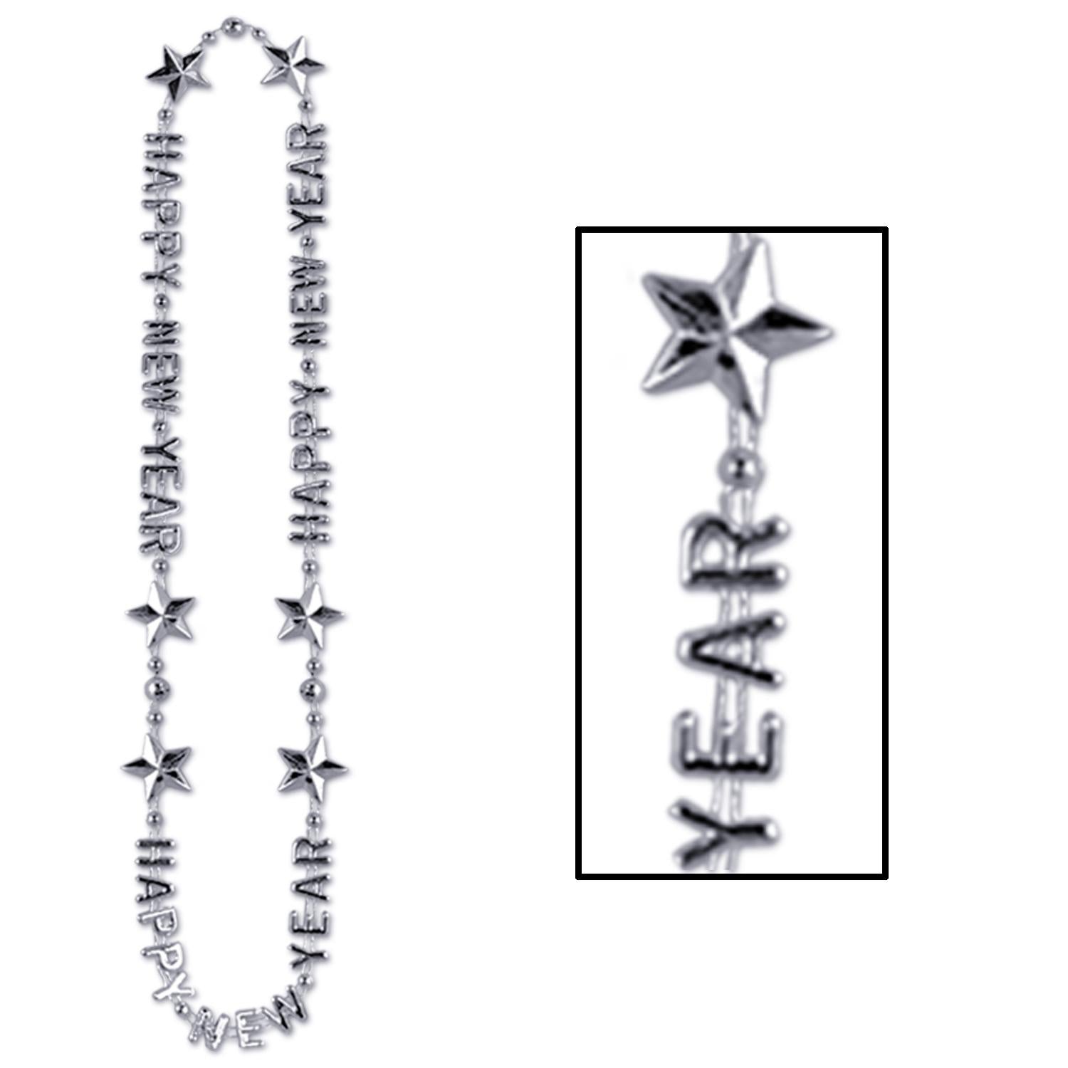12 Pack Silver Happy New Year Bead Necklaces - Party Favors for New Year's Eve, Countdown Events & Festive Celebrations