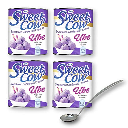 Jans Sweet Cow Ube Purple Yam Sweetened Condensed Milk Creamer - 13.4 Oz (4-Pack) with Stainless Steel Mini Ladle Spoon - Perfect for Bubble Tea, Desserts, Baking & Coffee Toppings