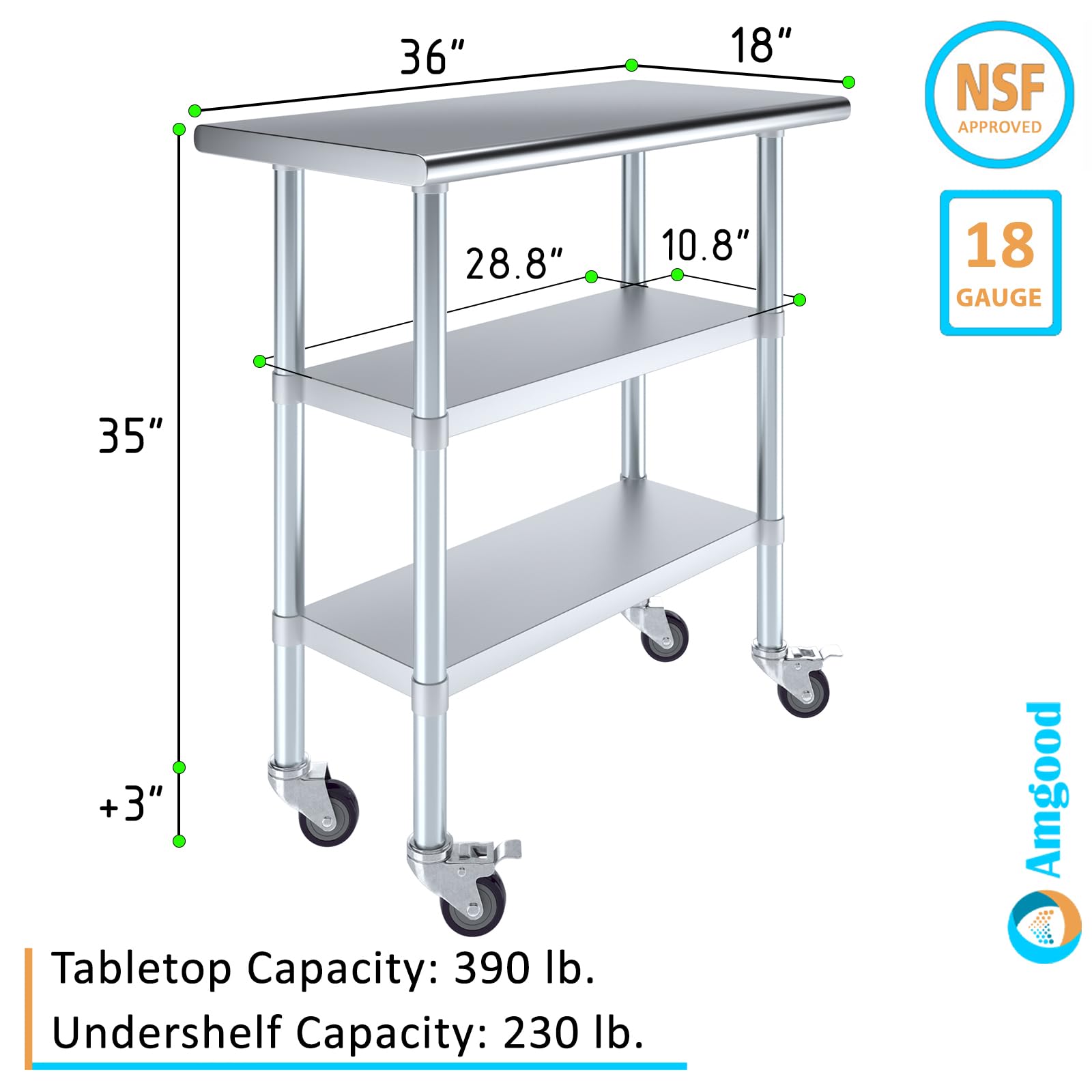 AmGood Stainless Steel Work Table with 2 Shelves & Casters | 36