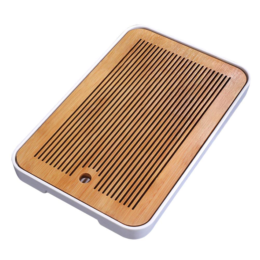 DOITOOL Japanese Style Bamboo Tea Serving Tray - 1pc Melamine Tea Cup Holder with Non-Slip Design for Home, Teahouse or Office (White+Khaki) - Perfect for Tea Ceremonies, Afternoon Tea & Decorative Display