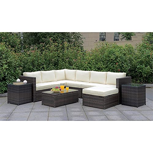 Furniture of America Daley Rattan Outdoor Sectional Sofa Set - 5-Piece Brown Wicker Patio Furniture for Backyard, Poolside & Garden Lounge