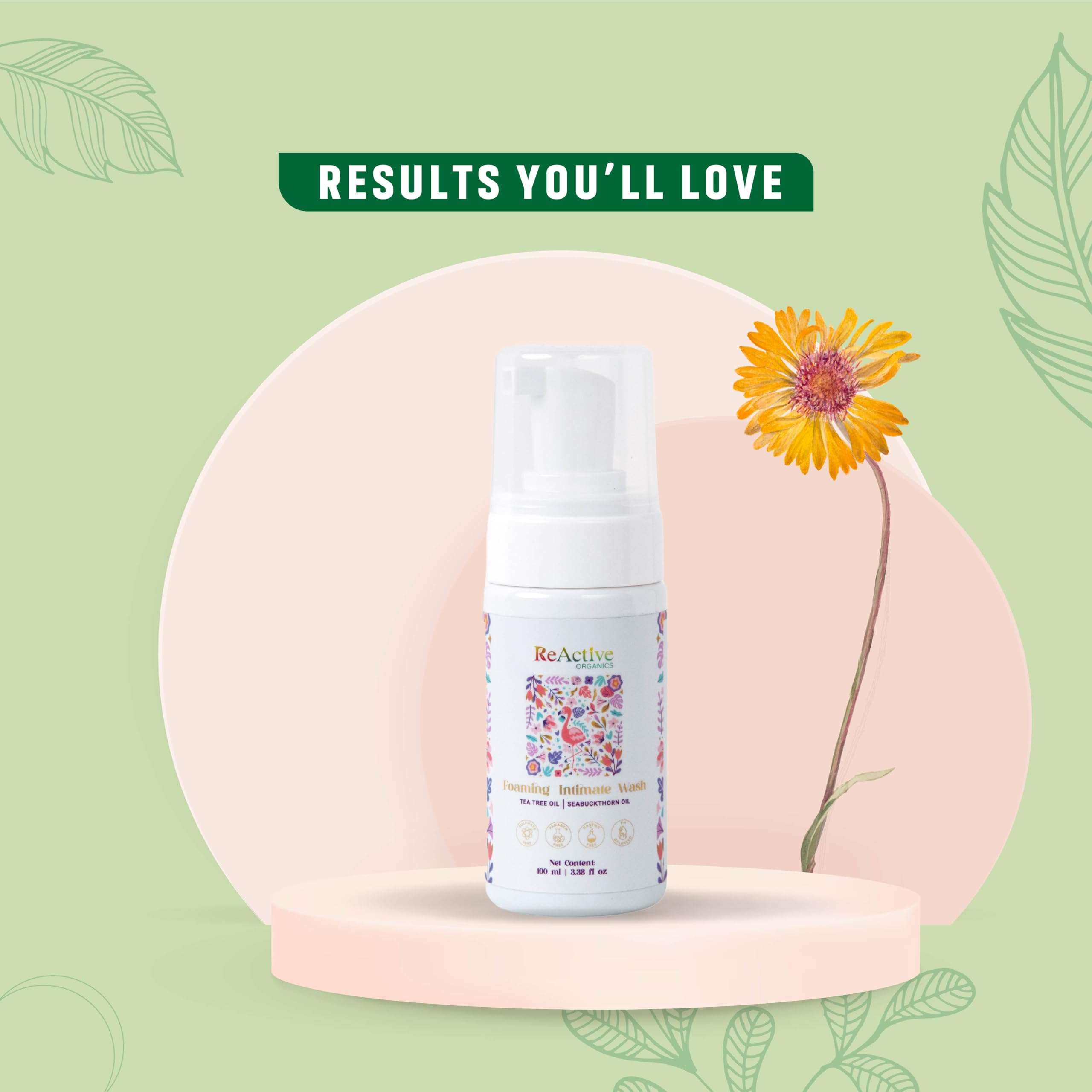 ReActive Organics Tea Tree Oil & Sea Buckthorn Foaming Intimate Wash - 100ml pH Balanced Antibacterial Feminine Hygiene for Odor & Infection Prevention - Gentle Daily Cleanser for Dryness & Itching Relief - Perfect for Sensitive Skin Care Routine