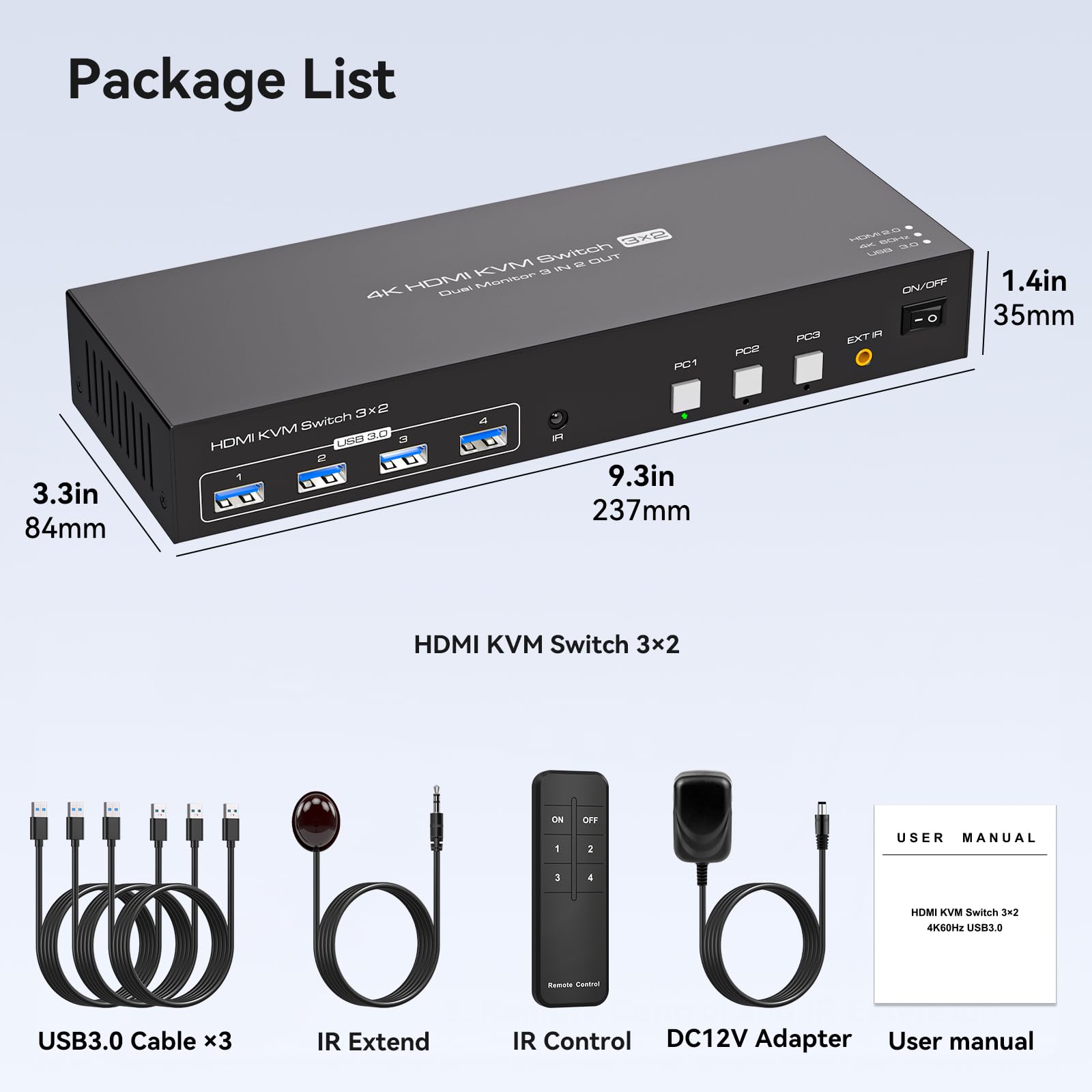 PVBCTCSID 4K60Hz HDMI KVM Switch - 3 Computers to 2 Monitors with EDID, USB 3.0 Hub & Remote Control | Perfect for Multi-PC Workstations, Gaming Setups & Office Environments
