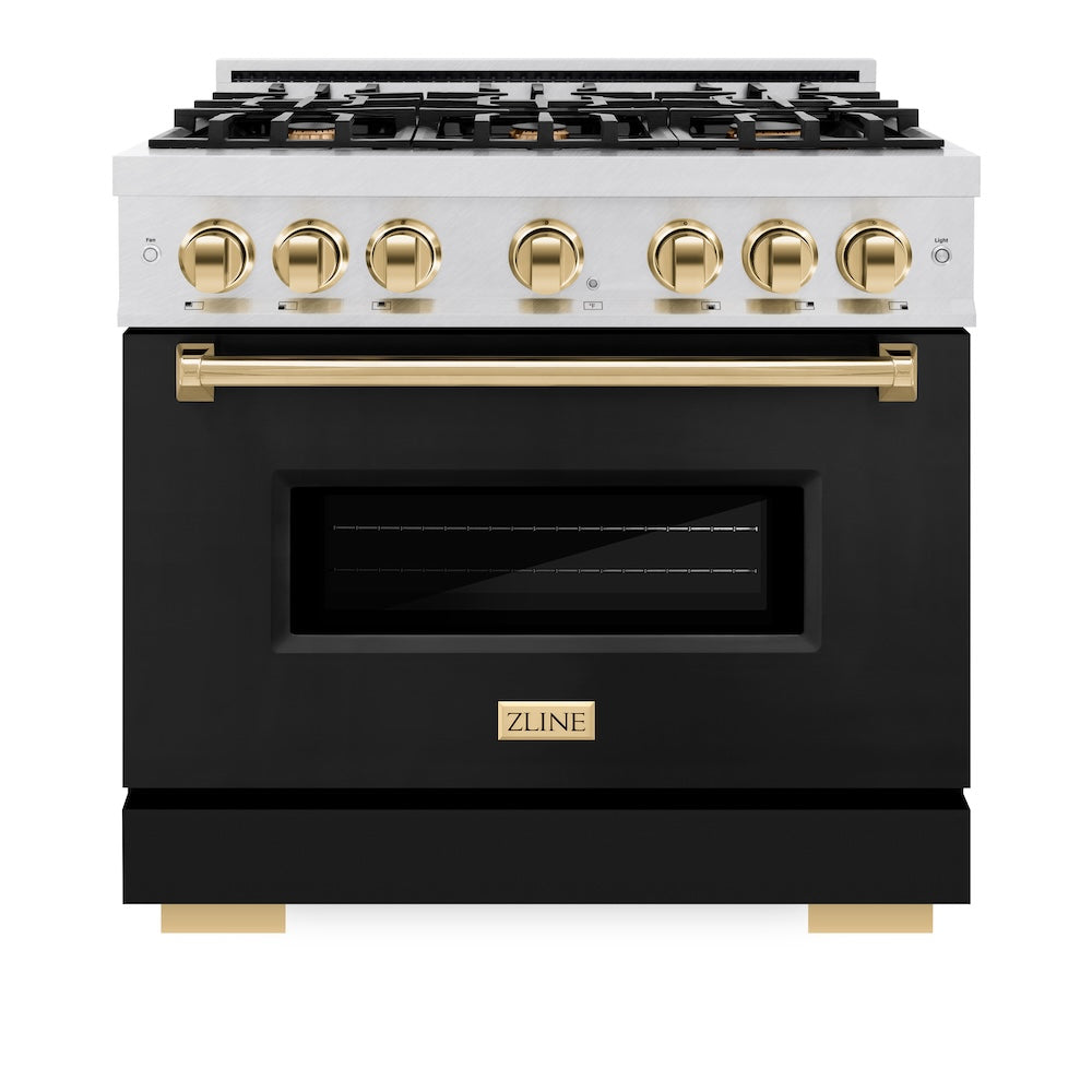 ZLINE Autograph Edition 36 Inch 5.2 cu ft Gas Range - 6 Burner Cooktop & Convection Oven - Satin Stainless Steel with Black Matte Door & Gold Accents - Perfect for Professional Kitchens & Modern Homes (CGRSZ BLM 36 G)