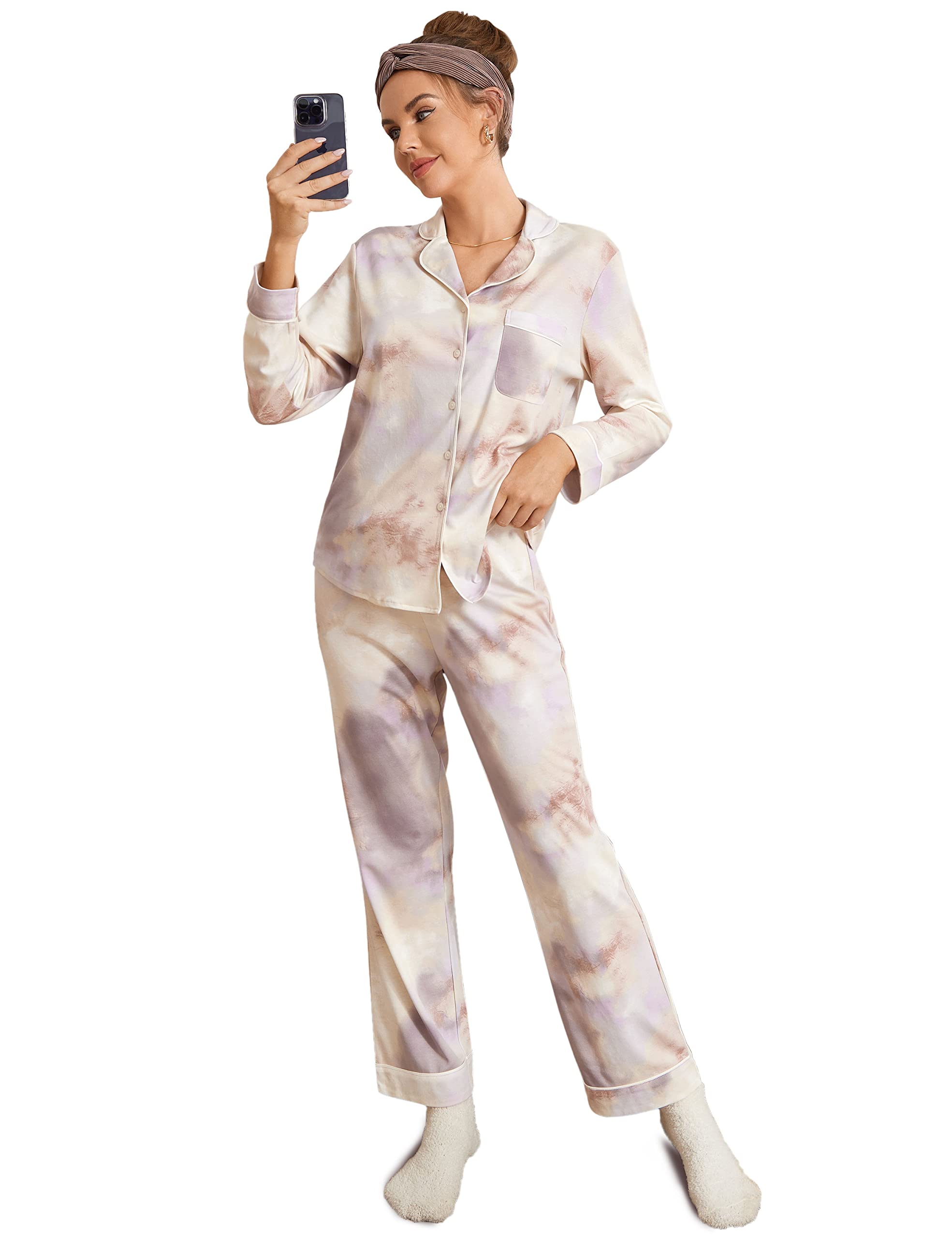 Dobreva Women's Cotton Pajama Set - Soft & Comfy 2-Piece Lounge Wear with Button Up Long Sleeve - Perfect for Sleepwear, Relaxing at Home & Cozy Nights