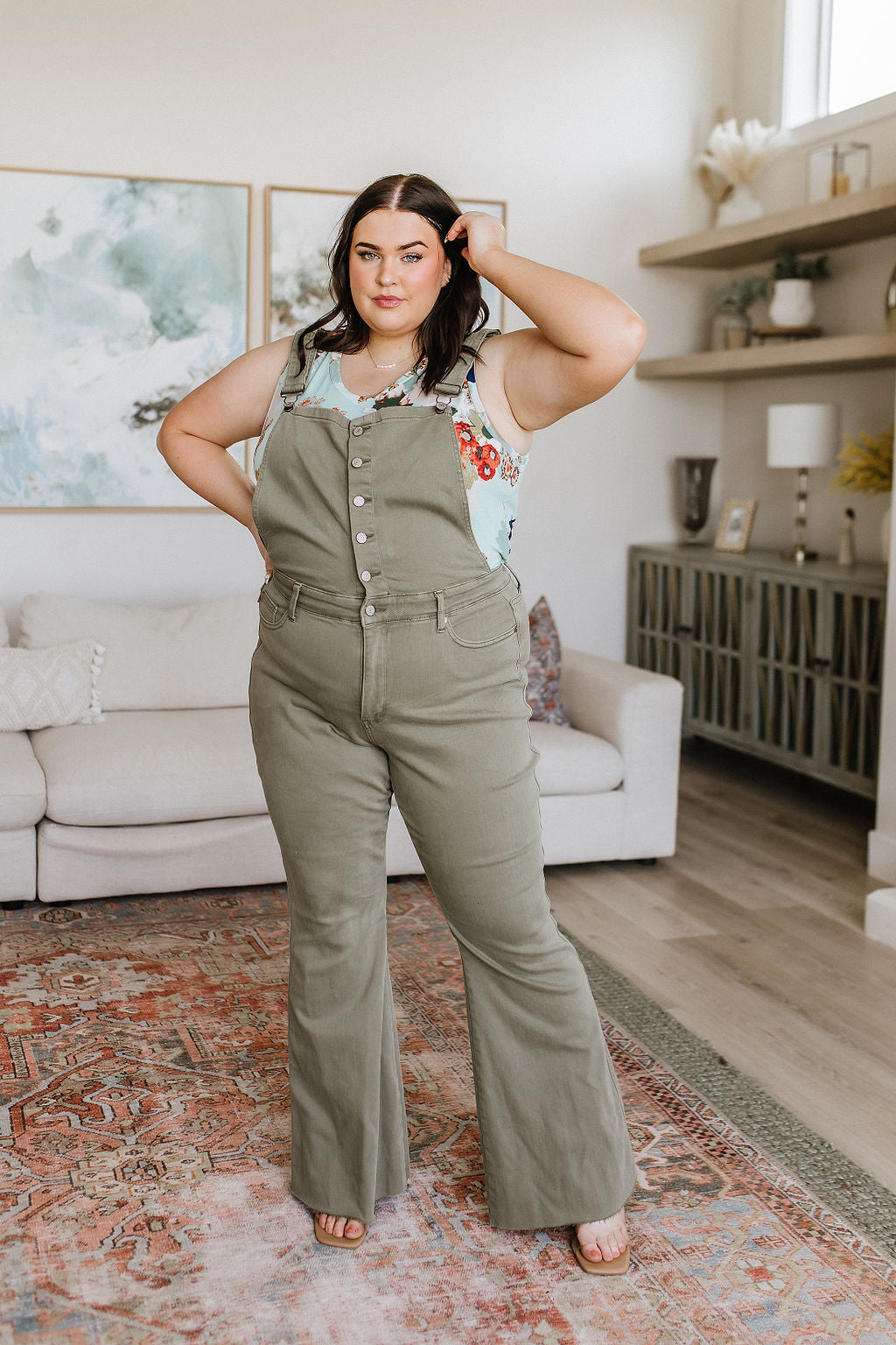Olivia Control Top Release Hem Overalls for Women - Olive Green Stretch Denim Jumpsuit with Adjustable Straps | Perfect for Casual Wear, Outdoor Adventures & Work