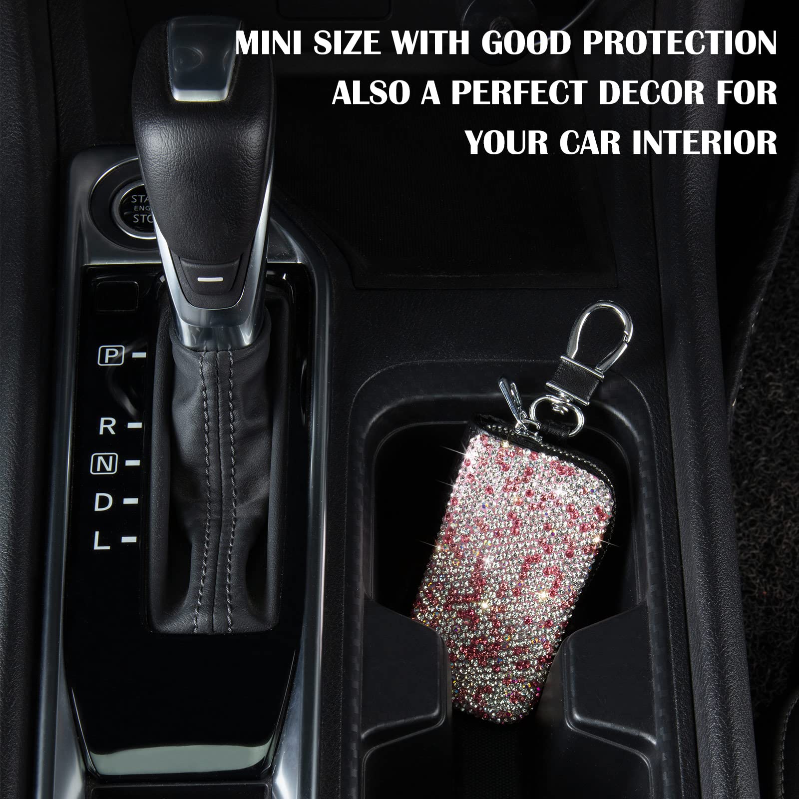 5-Pack Pink Leather Car Key Case with Metal Hook & Keyring - Bling Crystal Keychain Holder for Remote Key Fobs, Zipper Pouch Bag - Perfect for Women's Handbags, Purse Charms & Auto Key Organization