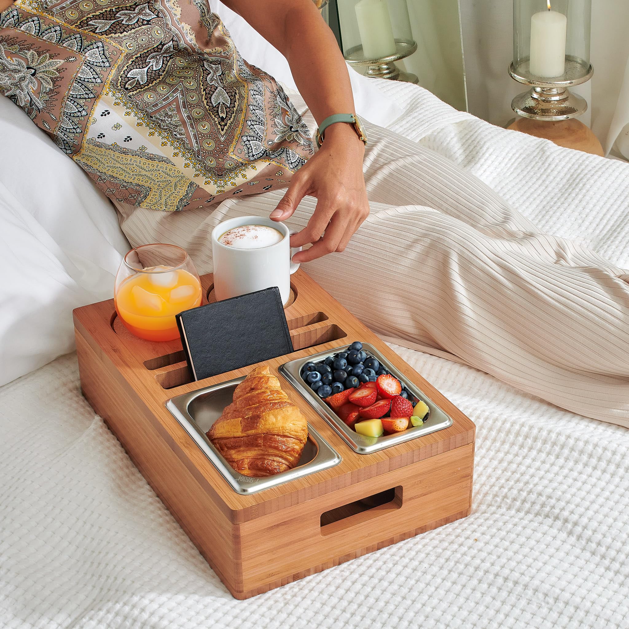 Minimalist Scandinavian Bamboo Couch Cup Holder Tray - Sofa & Bed Drink Snack Caddy - Perfect for Movie Nights, Gaming Sessions & Relaxing in Bed