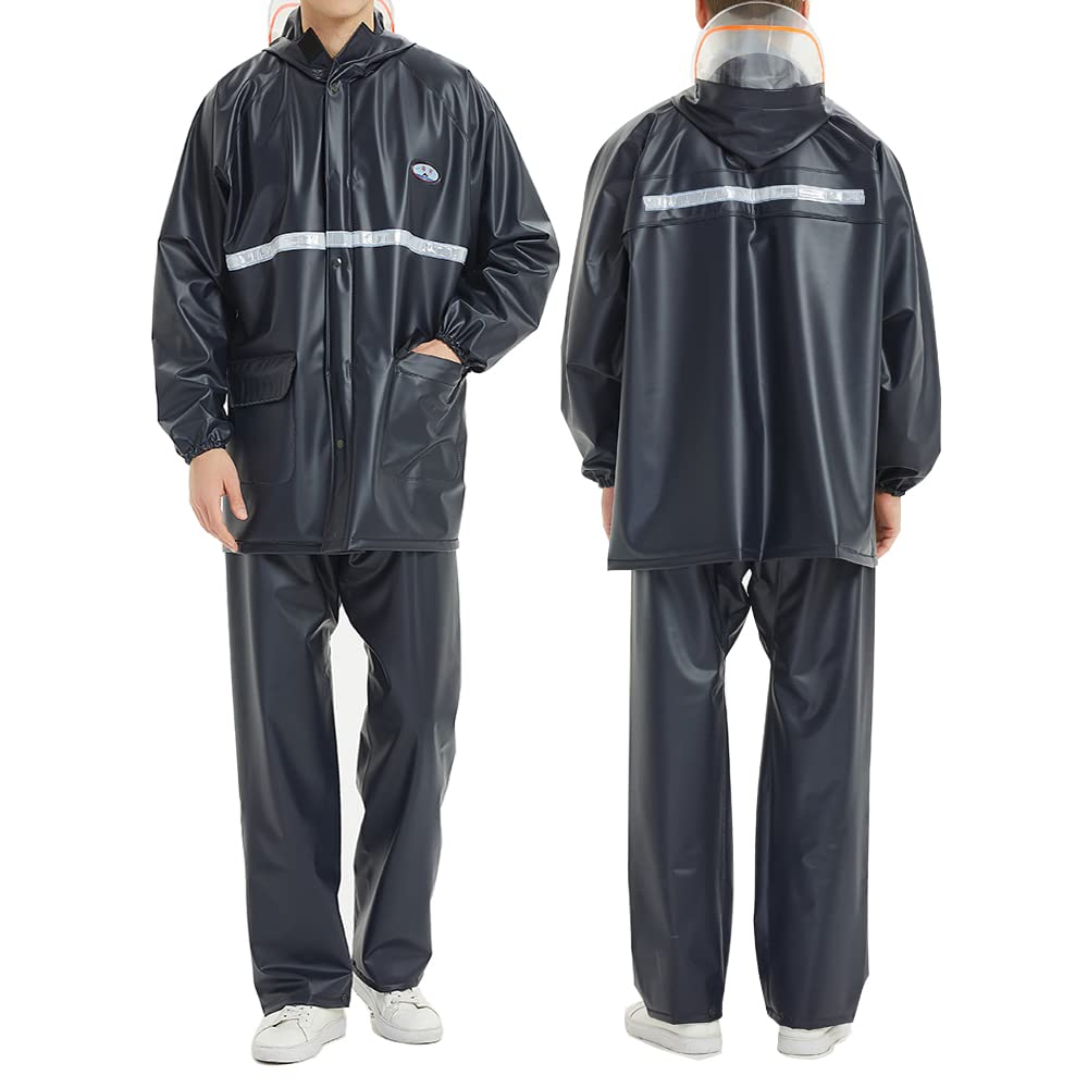 Split Raincoat for Men - Classic Waterproof Rain Suit with Jacket & Pants, Double Brim Design in Navy Blue (Size L) | Perfect for Outdoor Work, Hiking & Heavy Rain Protection