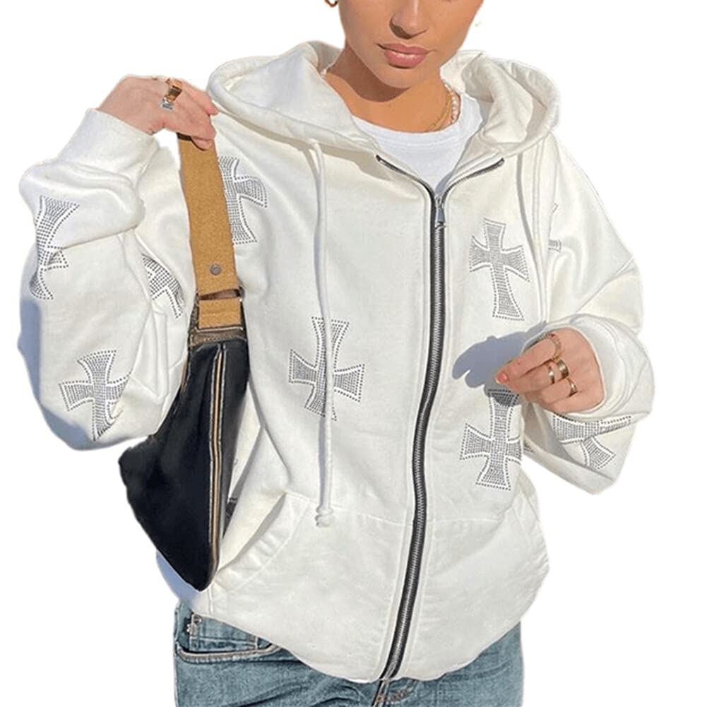 Dcohmch Women's Oversized Zip Up Hoodie with Y2K Skull Graphic Print - Vintage Long Sleeve Sweatshirt for Fall & Winter - Casual Streetwear, Loungewear, and Layering Essential