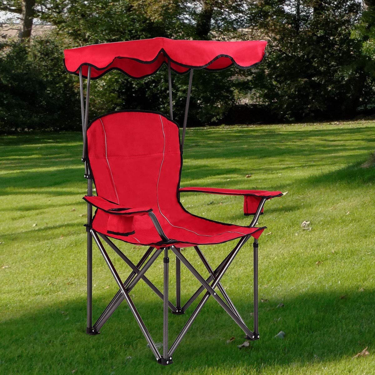 Renetto Portable Folding Beach Canopy Chair with Cup Holders - Best Selling Lounge & Picnic Chair for Outdoor Relaxation (Red) - Perfect for Beach, Camping, Backyard and Poolside Use