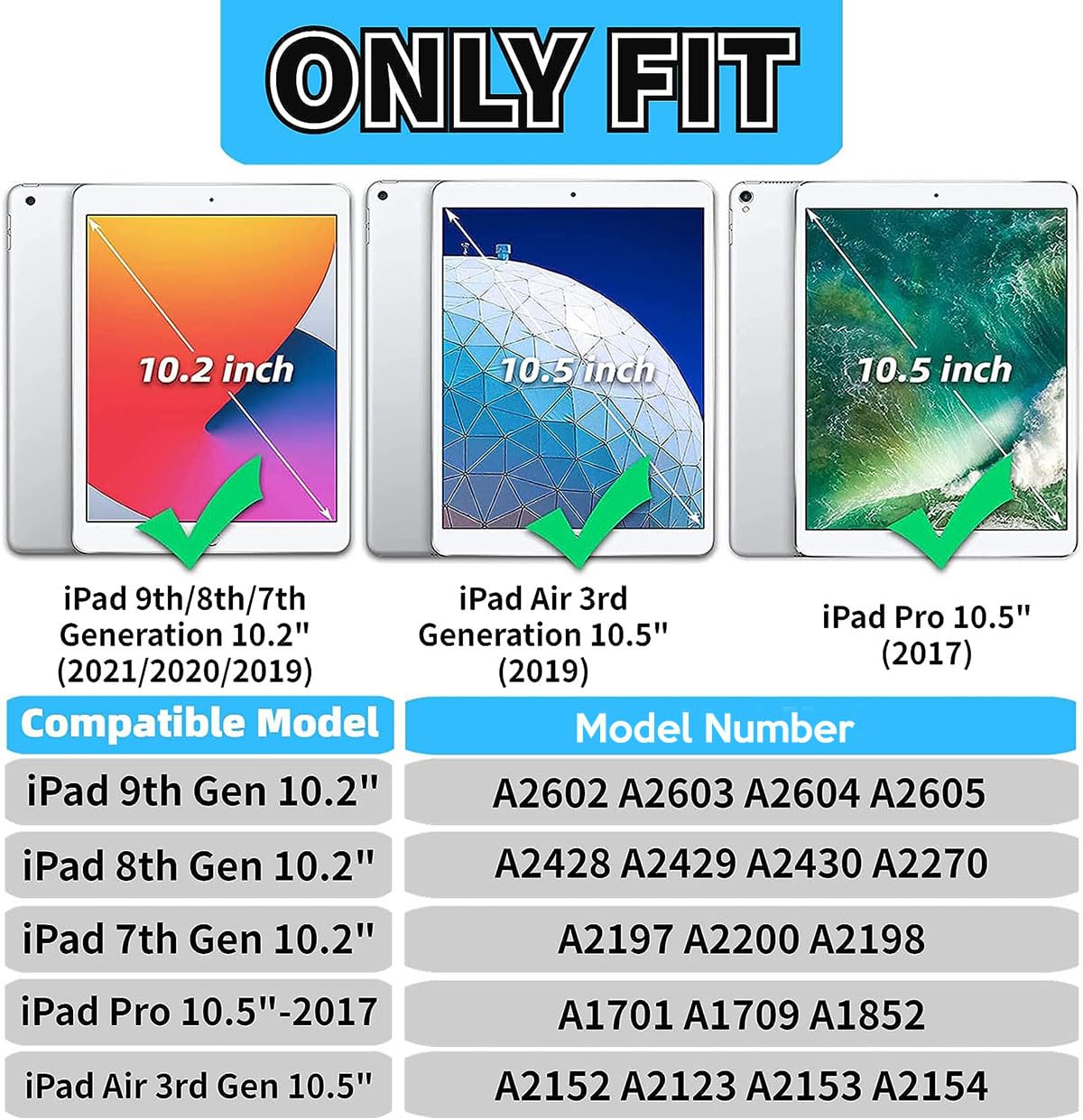 YIHE Shockproof Kids iPad Case for iPad 10.2 Inch 9th/8th/7th Gen (2021/2020/2019), iPad Pro 10.5 & iPad Air 3 - Durable Handle Stand Cover with Screen Protector (Black & Blue) | Perfect for School, Travel & Home Learning