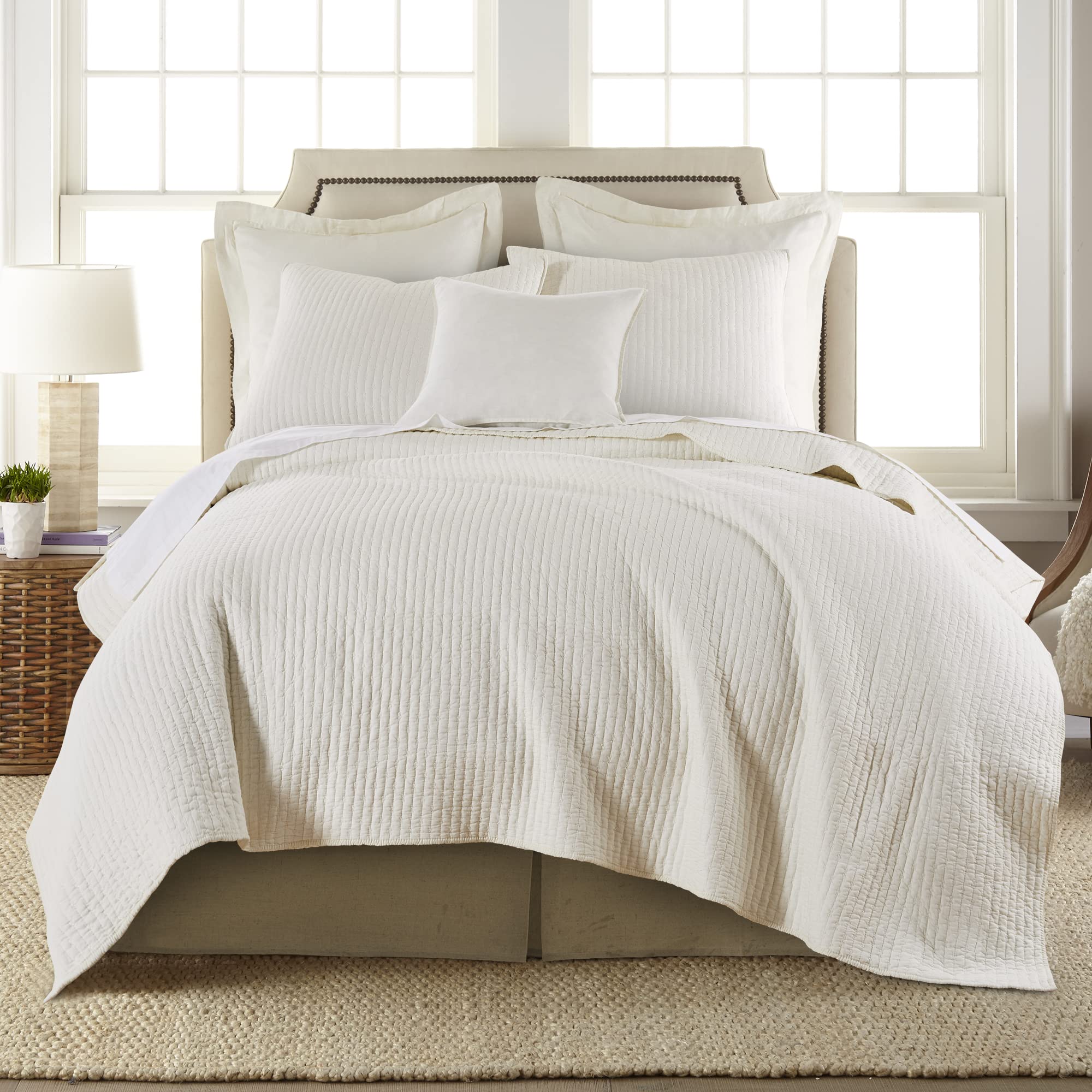 Levtex Home 100% Cotton King Size Cross Stitch Quilt Set - Cream (106x92in Quilt + 2x36x20in Shams) - Luxury Bedding for Master Bedroom & Guest Room