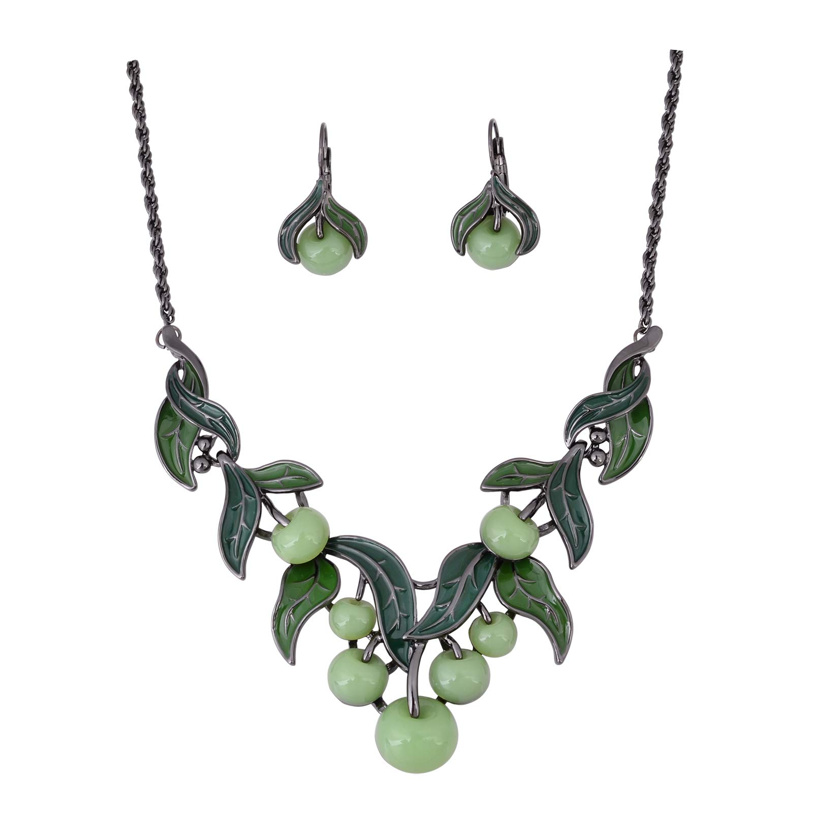 Fruit Leaf Jewelry Set - Cherry Strawberry Grape Apple Pendant Necklace & Earrings for Women Bridal Gift