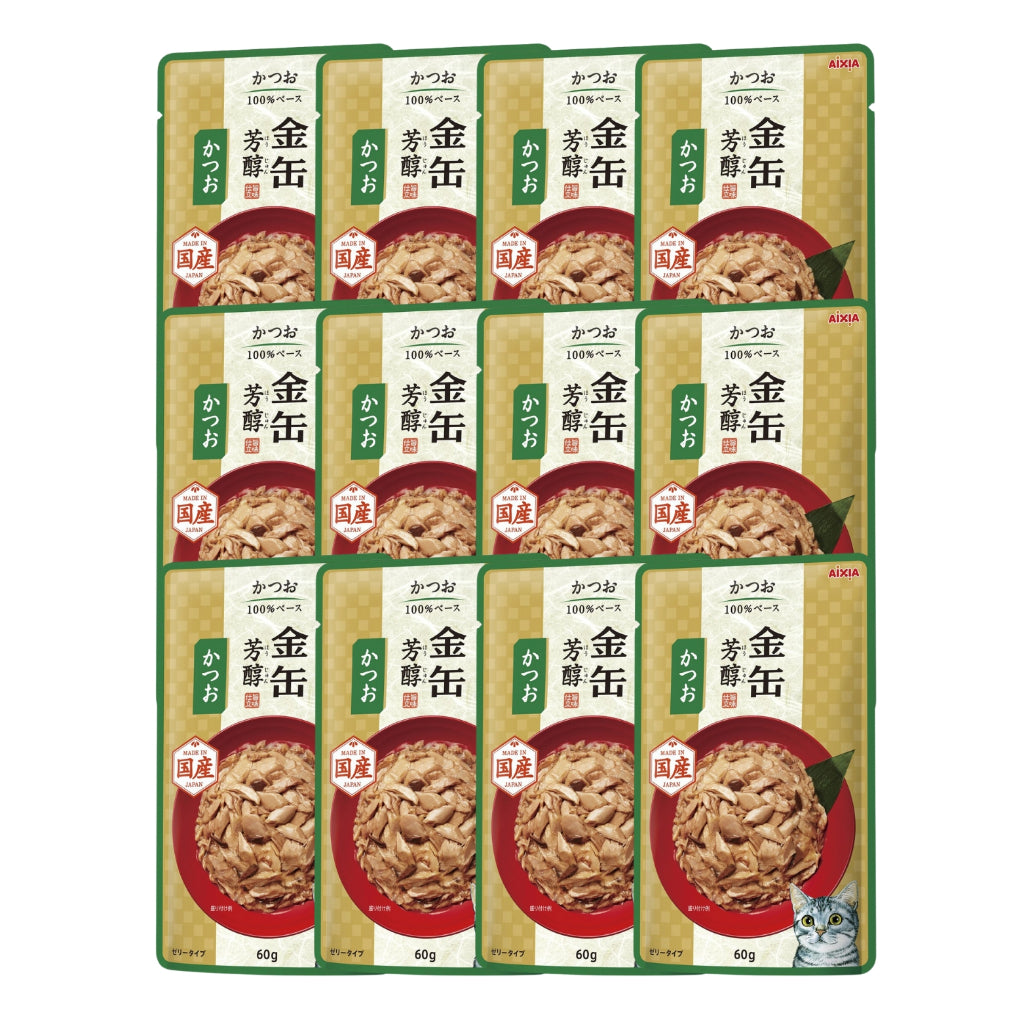 12-Pack Aixia Kin Can Rich Pouch Cat Food 60g - Tuna & Chicken with Skipjack Tuna Sauce - Premium Wet Cat Food for Adult & Senior Cats (15+ Years) - Perfect for Mealtime, Travel & Treats