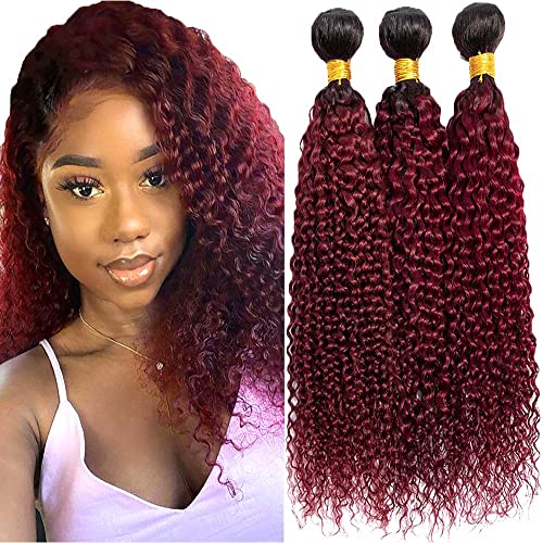 1B99J Ombre Human Hair Bundles 14 16 18 Inch - 8A Grade Kinky Curly Weave Extensions - Two Tone Black & Burgundy Red - Natural Human Hair for Women - Perfect for Protective Styles, Braids & Everyday Glam