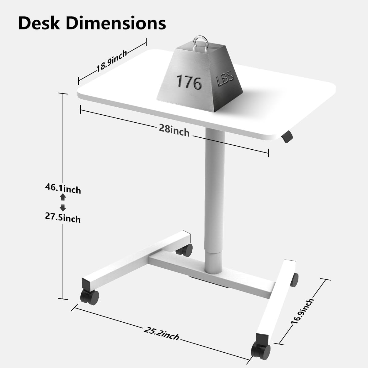 28-Inch Adjustable Height Mobile Standing Desk with Lockable Wheels - Portable Rolling Workstation for Home Office, Classroom, Hospital - Perfect for Remote Work, Study & Healthcare (Snow White)
