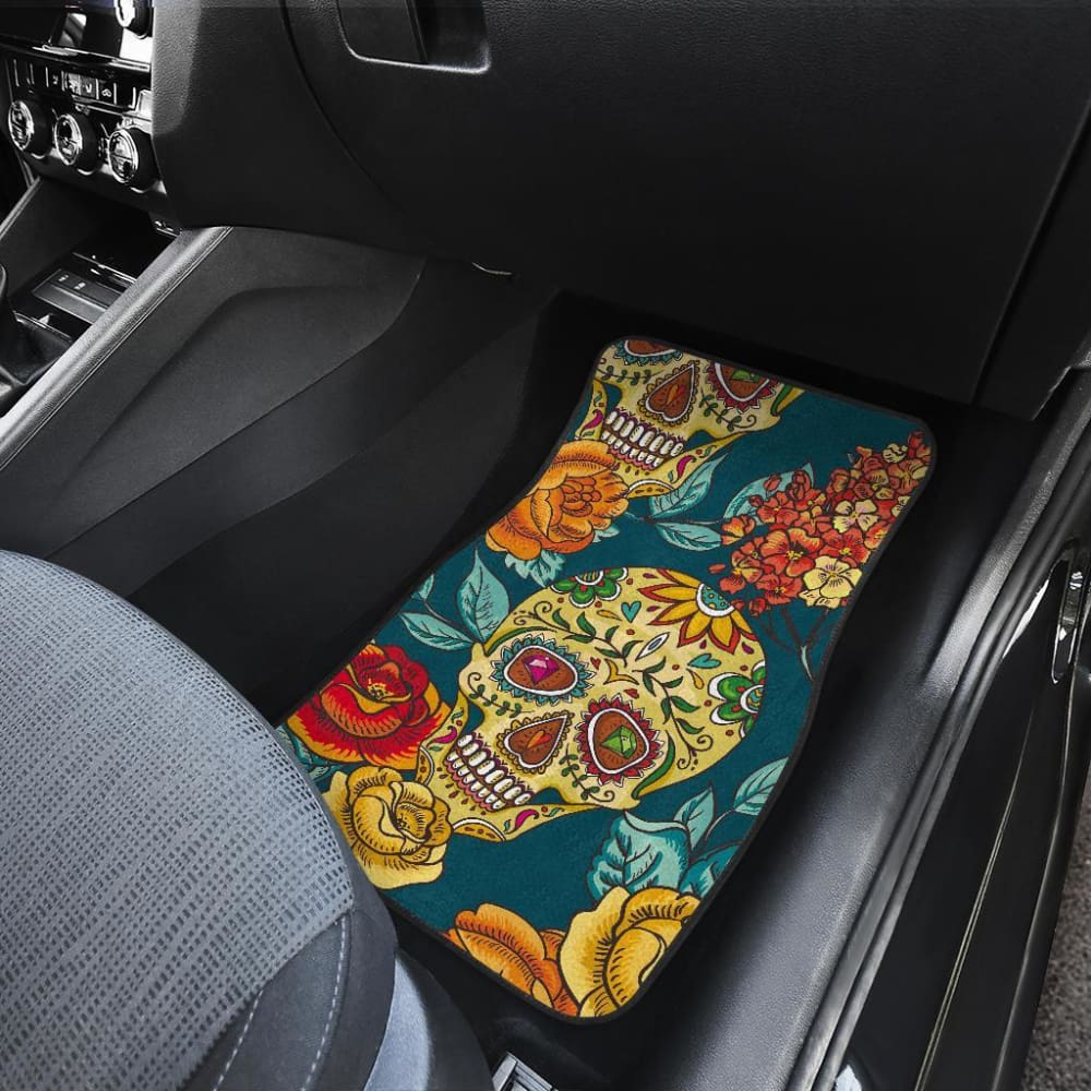 2 Pcs Day of The Dead Sugar Skulls Car Mats - Colorful Mexican Style Floor Mats for Halloween, Dia de Los Muertos - Perfect for Cars, Trucks, and SUVs