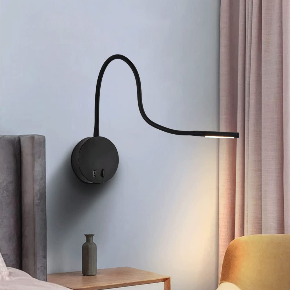 360° Adjustable Wall Reading Light with USB Charging Port - 3W LED Gooseneck Bedside Lamp, 3000K Warm White Night Light for Bedroom, Study, Hallway & Hotel - Perfect for Late-Night Reading & Cozy Ambiance
