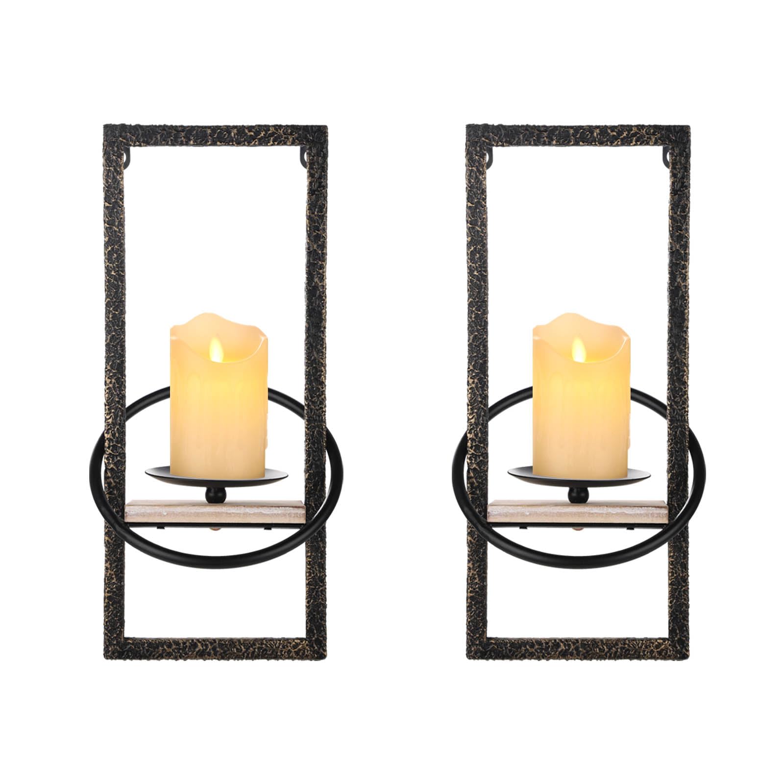 GAKA Set of 2 Black Iron & Wood Wall Sconce Candle Holders - Rustic Metal Hanging Wall Mount Candleholders for Home Decor, Bedroom, Living Room, Patio Lighting