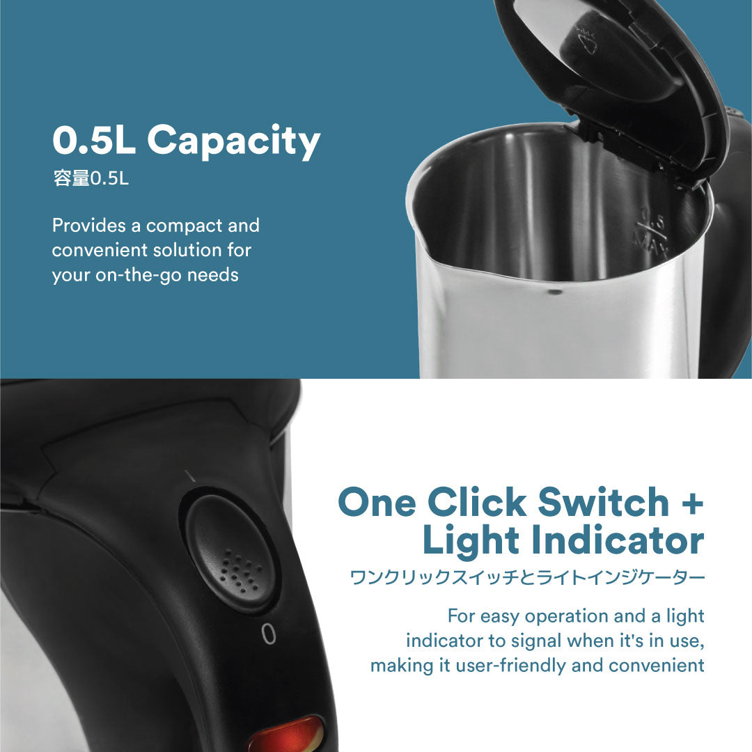 TOYOMI 0.5L Mini Stainless Steel Travel Kettle Jug WK 315 - Portable Electric Water Boiler for Camping, Hotel & Office Use