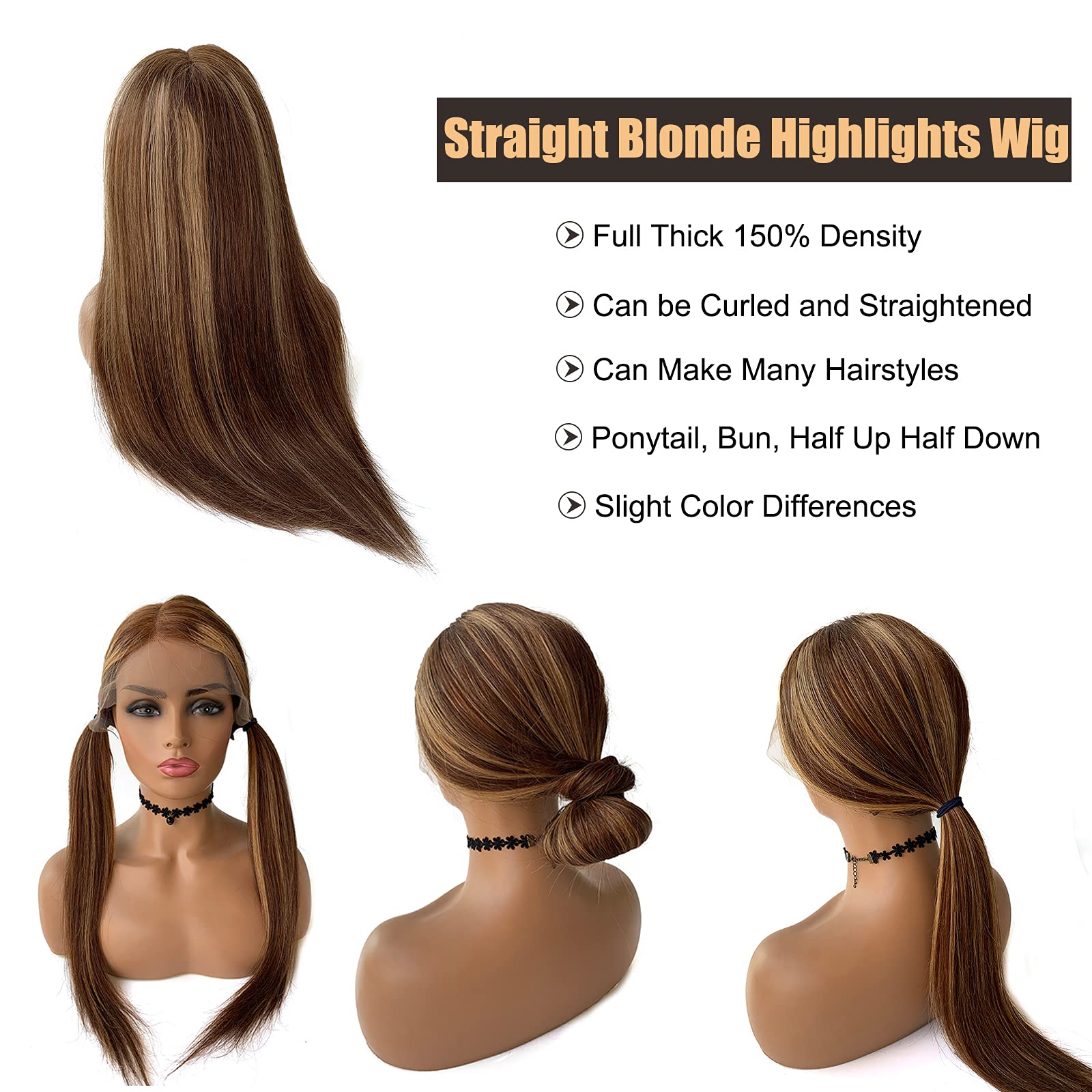 18 Inch Glueless Lace Front Wig Human Hair Straight Blonde Highlights with Brown Mixed Color 150% Density for Women | Natural Look for Daily Wear, Parties & Cosplay
