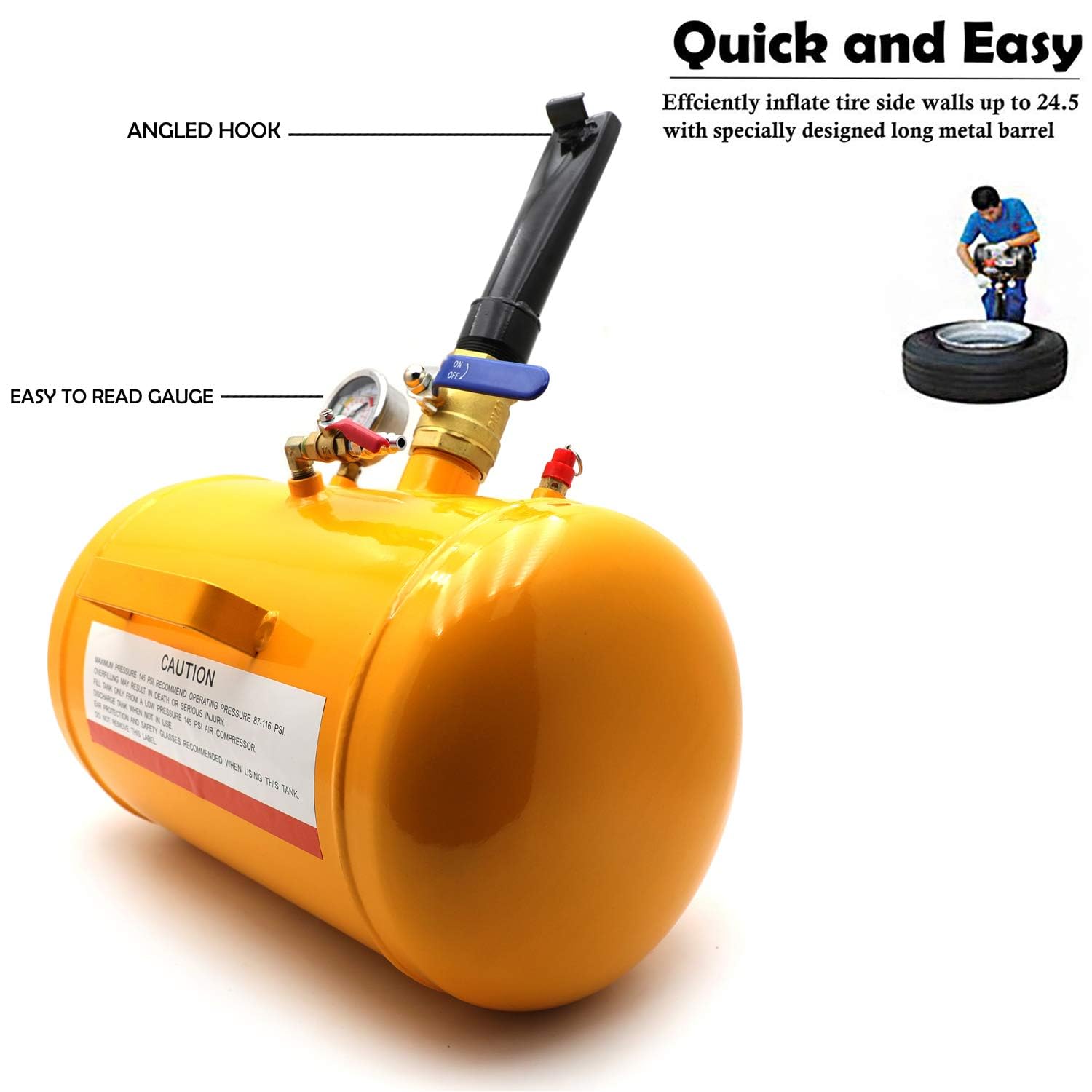 10 Gallon Heavy Duty Vehicle Air Bead Seater Tire Tool Blaster - 145PSI Wheel Mounting Tool (Yellow) - Perfect for Tire Shops, Off-Road Vehicles & Emergency Roadside Repairs [P/N: ET-CAR-TIRE005-10G-Yellow]