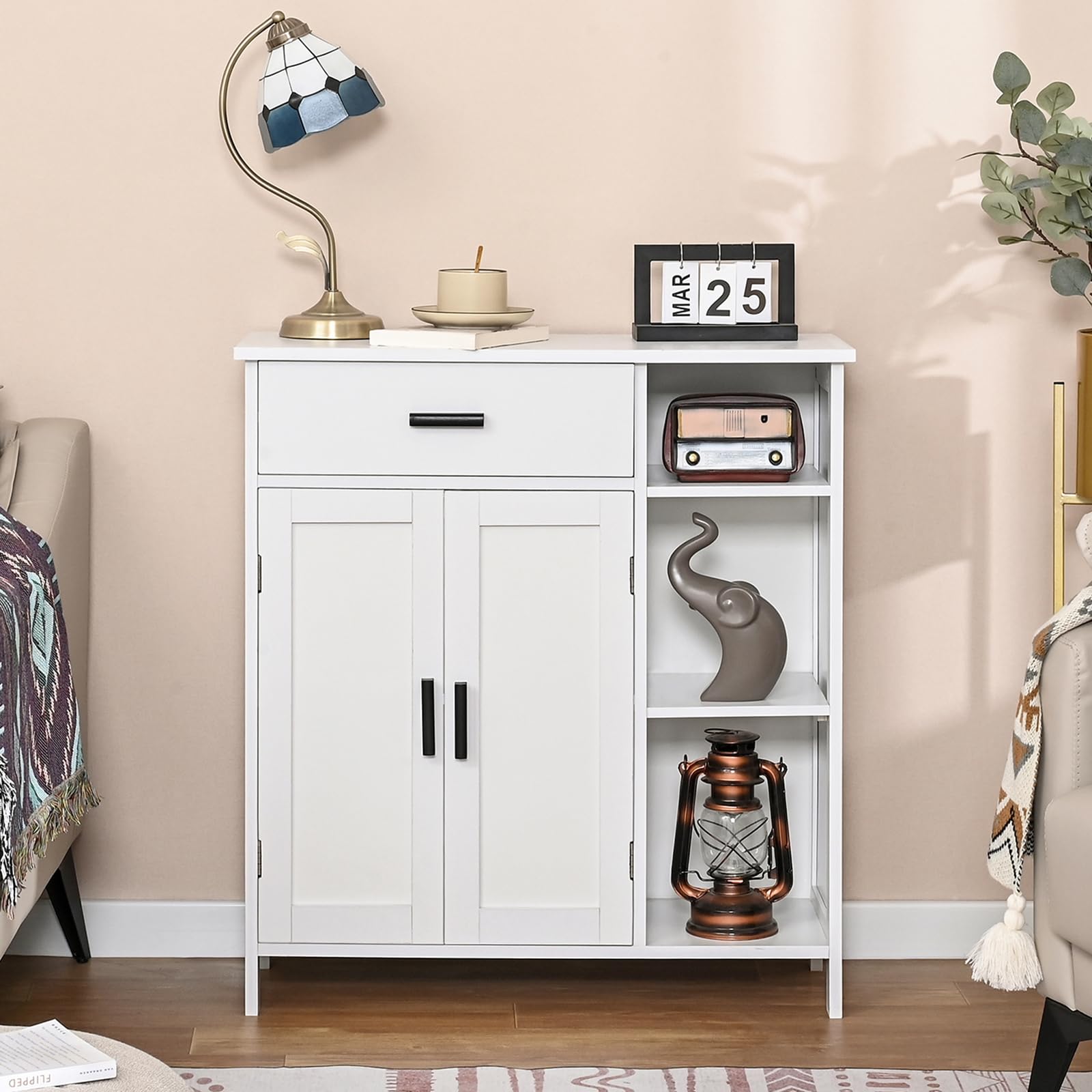 WEENFON Modern Storage Cabinet with Doors, Shelves & Drawer - White Bathroom Organizer, Kitchen Coffee Bar Cabinet, Living Room Floor Cabinet for Home Organization